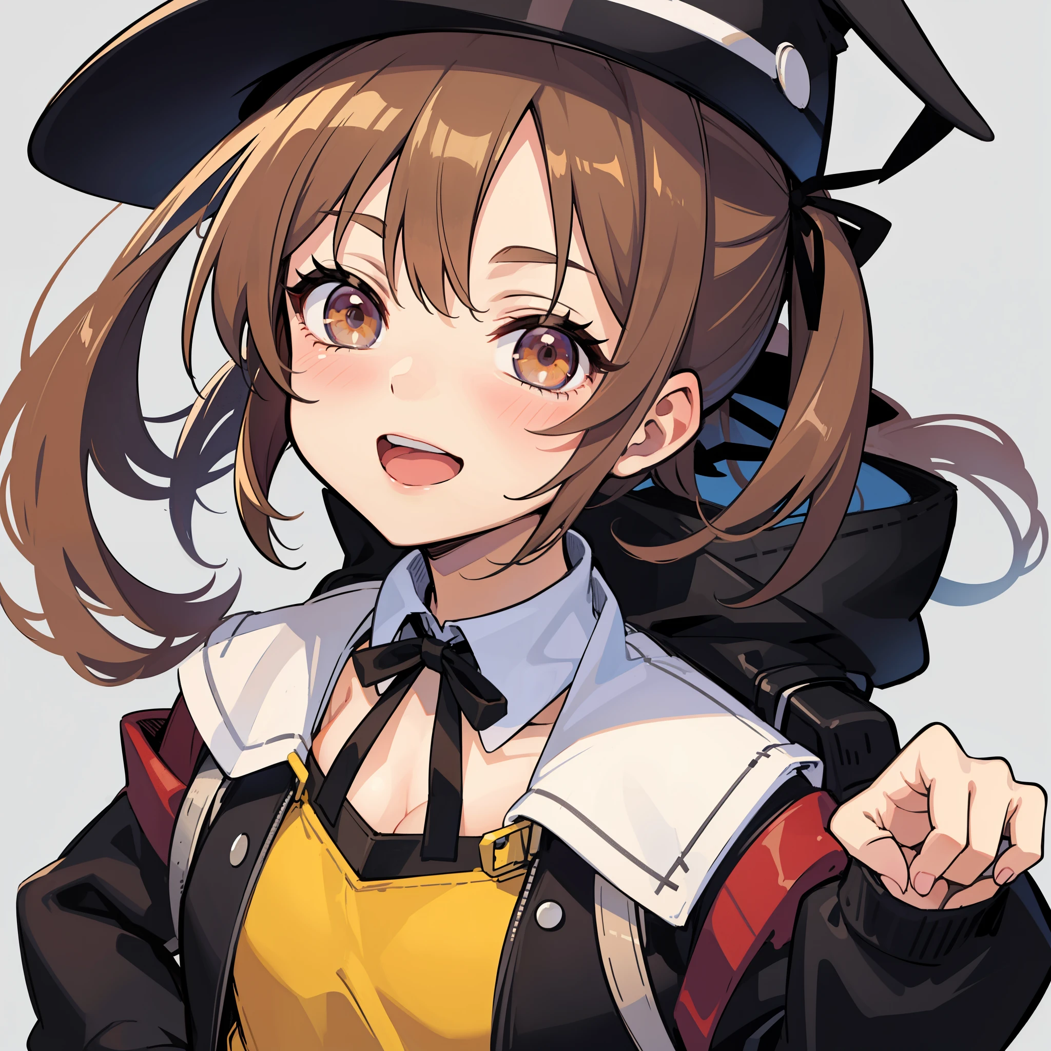 rating:safe, 1girl, brown_hair, one_eye_closed, solo, hat, twintails, open_mouth, cleavage, smile, breasts, hair_ribbon, ribbon, upper_body, long_sleeves, brown_eyes, blush, bag, animal_hat, looking_at_viewer, striped, simple_background, index_finger_raised, backpack, eyebrows_visible_through_hair, pointing