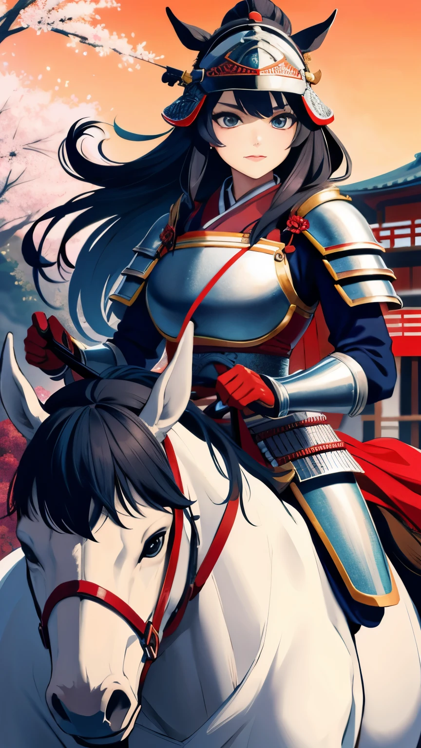Beautiful girl busty Japan samurai wearing armor helmet riding a horse