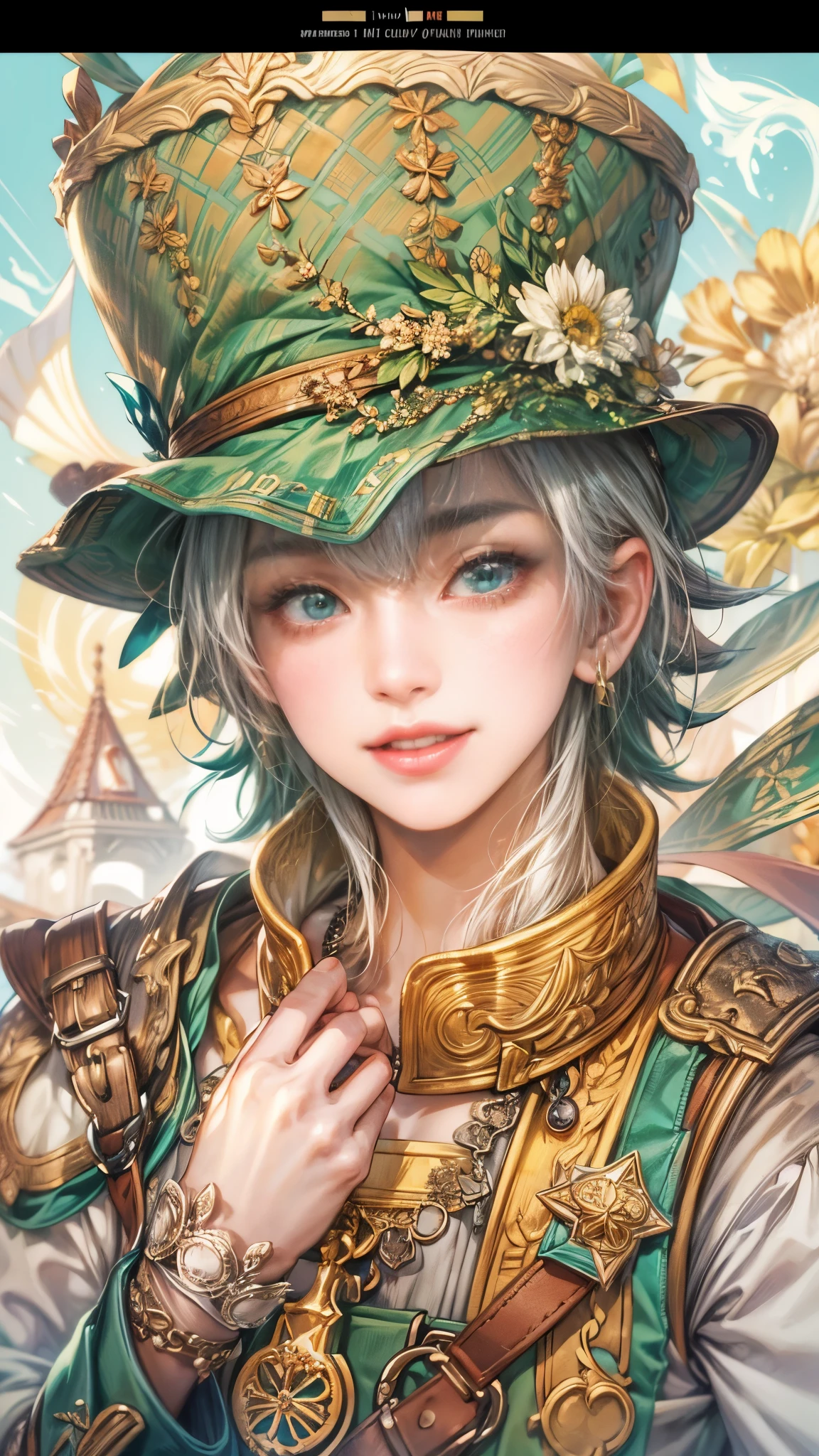 (absurdres, highres, ultra detailed, HDR), masterpiece, intricate details, best quality close-up picture of a character from Ragnarok Online, a character with handsome looks, korean face, original hair, short hair, anime dark teal eyes, silly face, matured , Leprechaun theme outfit showing chest, crop top, detailed flowery town market background, festive scenery, detailed character, art kenouji