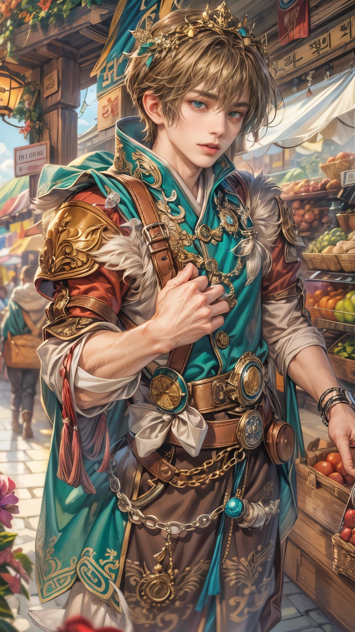(absurdres, highres, ultra detailed, HDR), masterpiece, intricate details, best quality close-up picture of a character from Ragnarok Online, a character with handsome looks, korean face, original hair, short hair, anime dark teal eyes, silly face, matured teen, Leprechaun theme outfit showing chest, crop top, detailed flowery town market background, festive scenery, detailed character, art kenouji