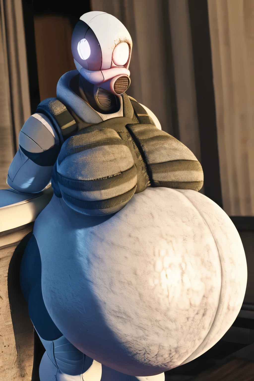 combine assassin, 1girl, solo, helmet, faceless, gloves, military, science fiction, gas mask, shoulder armor, bulletproof vest, ((one-eyed)), glowing eye, (huge breasts), (((huge belly))), (((extremely inflated belly))), white bodysuit, white armor, (((realistic))), ((in a city street)), 3d,