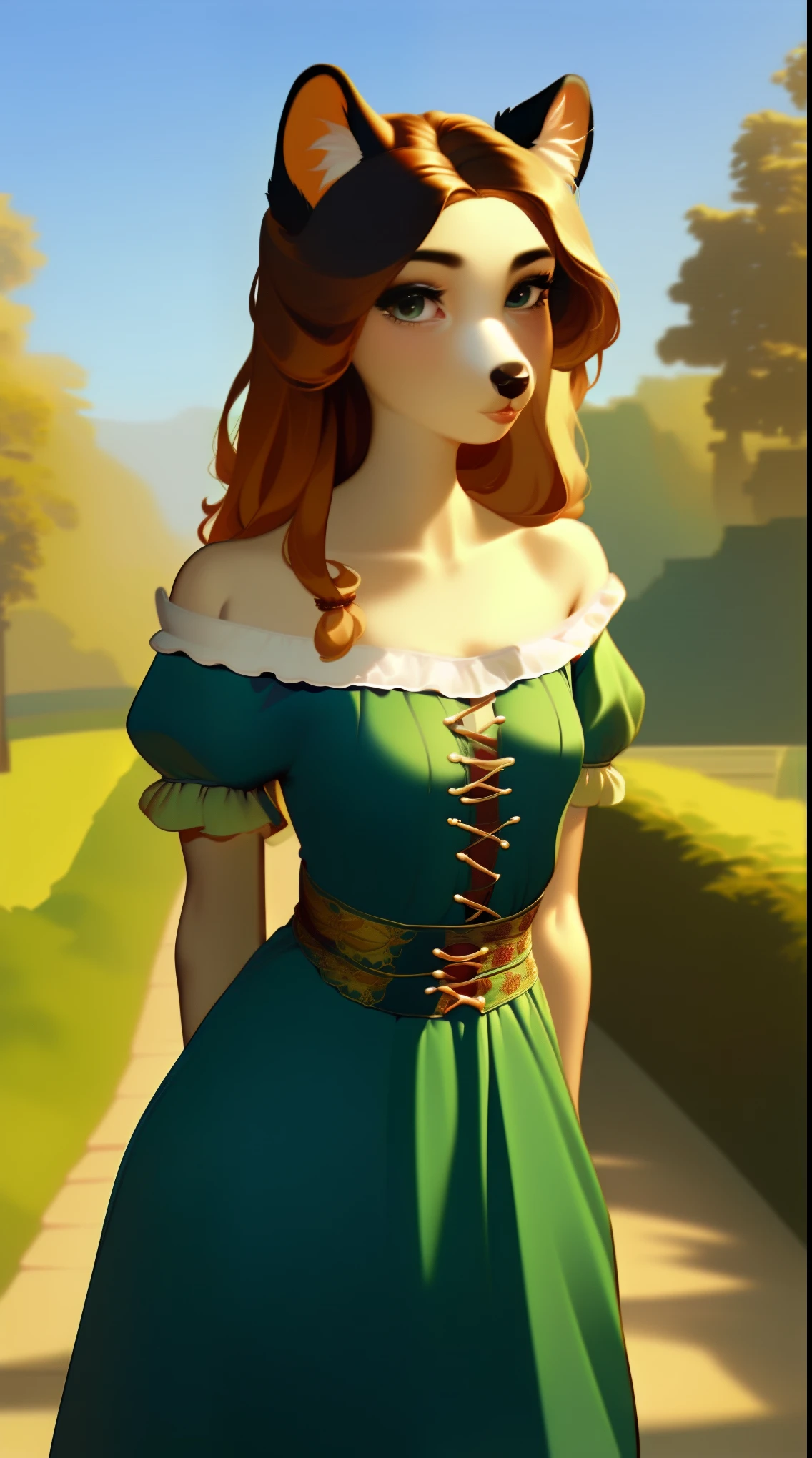 (score_9), (source_ derpibooru_p_95),m, ((cute teenage anthro Collie girl:1.2)), (brown off the shoulders dress), Medieval era style clothing , peasant, blushing, teenager, cute look, solo, anatomically correct, flat chest , high res, extremely detailed, adorable, ribs, hip bones, outside, 1girl, absurd resolution, sunlight, cute nose, cute snout, realistic hair, fluffy ears, skinny waist, domestic canine, realism, beautiful hair, Clear Focus, Unity 8K Wallpaper,