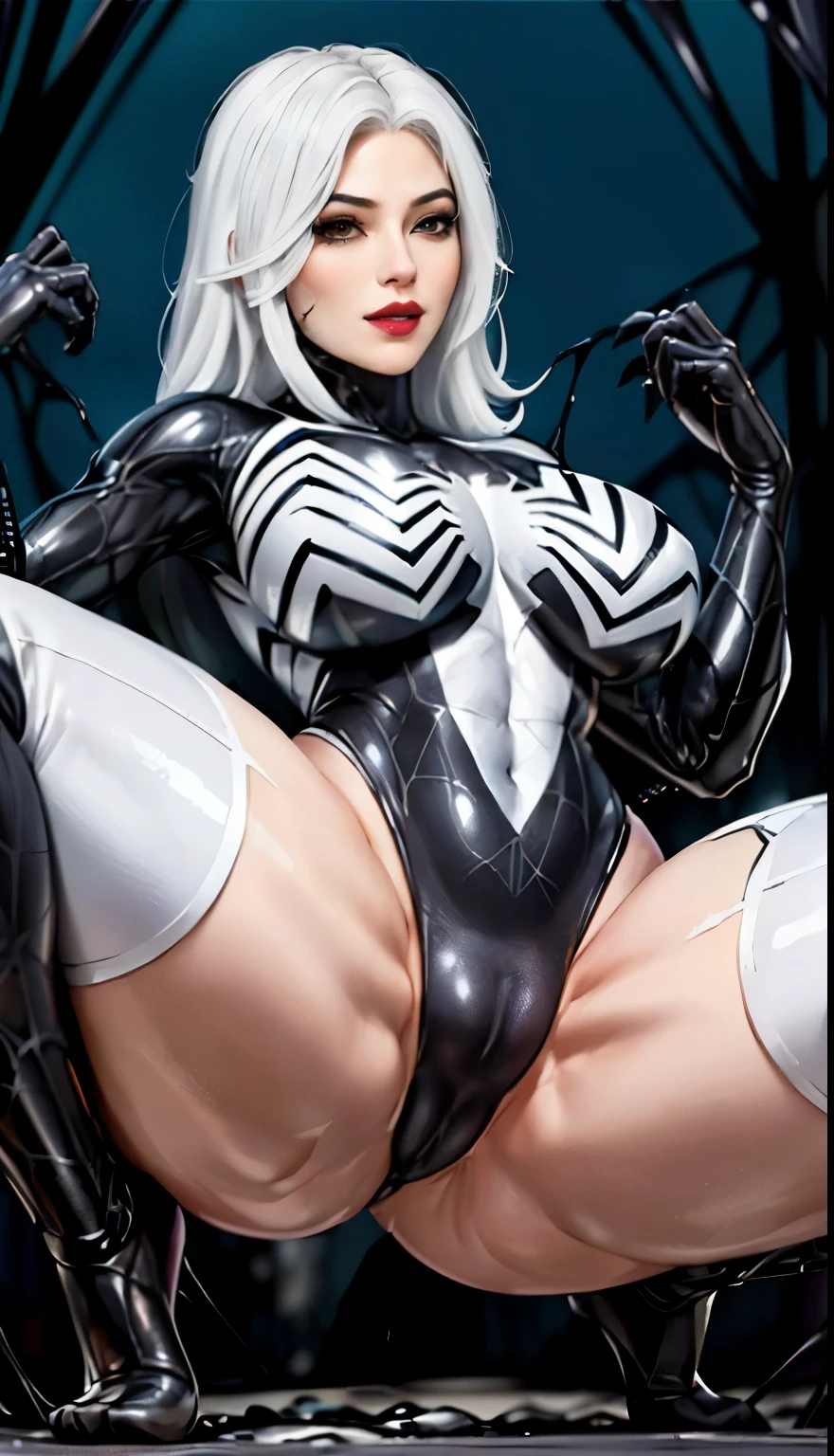 4K,realisticlying,Glamorous,The very detailed,There a girl in Dingcheng,White hair,Wearing a black Spider-Man costume,(Black and white:1.4) the night,symbiote,venomize,a large amount of mucus,she a spiderman,Black superhero theme,In front of the sky,Flushed complexion,( Open legs, camel-toe,, Vulvar shape:1.3),(GGCameltoe:1.3)Legs apart,25 age old,full bodyesbian
