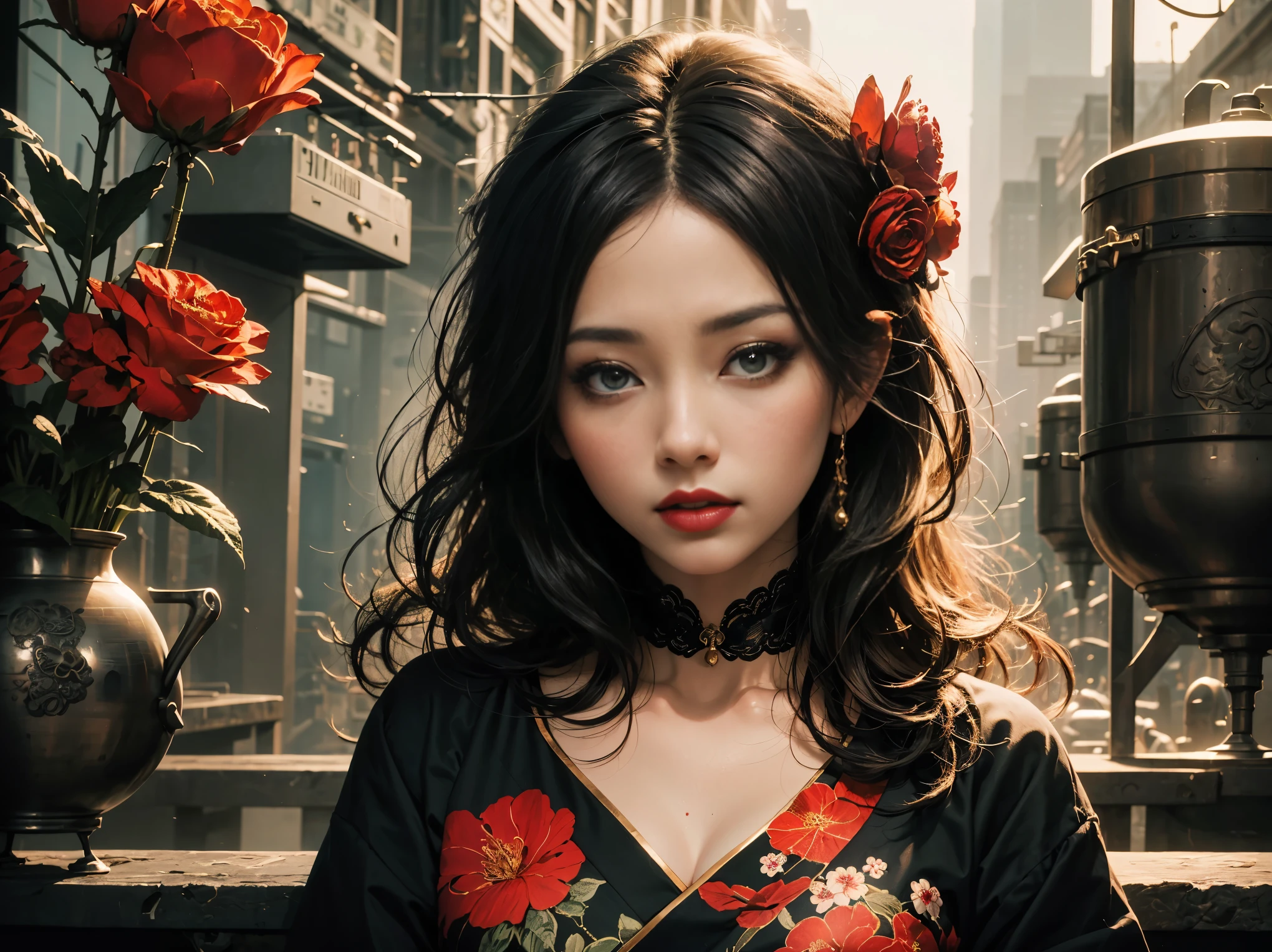 highest quality、High resolution、masterpiece、rarely seen、Oversized work、Completely original、highly detailed wallpaper、A geisha who doesn't look up at her chin、unparalleled beauty、 tied hair、 red flowers in hair、 black hair、very delicate、red lipstick、 dark makeup、portrait photography、Influenced by Banksy and Disney