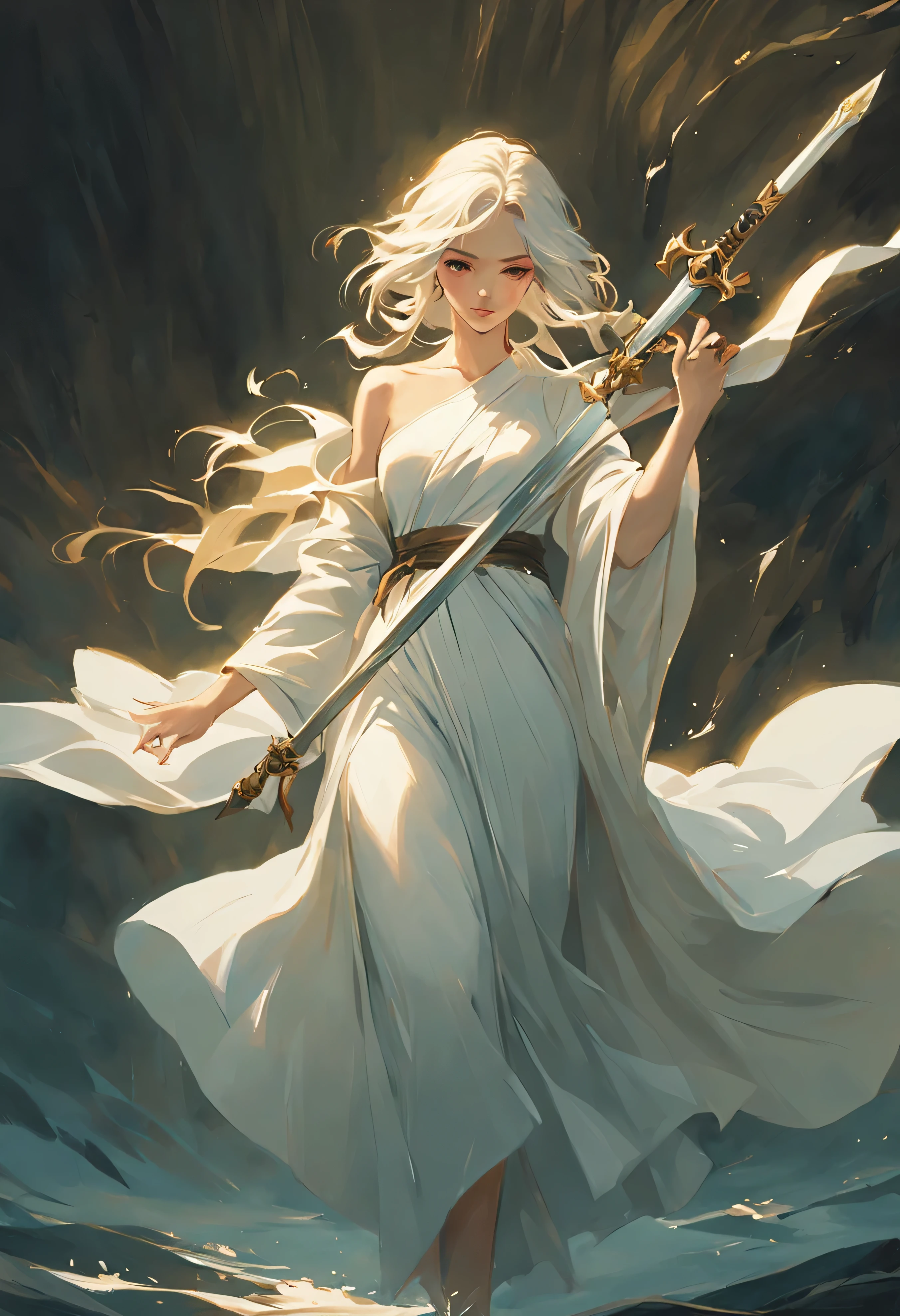 Picture of woman in white holding sword, Concept art by Yang J, art station, fantasy art, beautiful figure painting, Gurwitz style artwork, guweiz, Rusty digital painting, Rusty sakimimichan, flowing white robe, Rusty 1. 0, :: Rusty, by Rusty