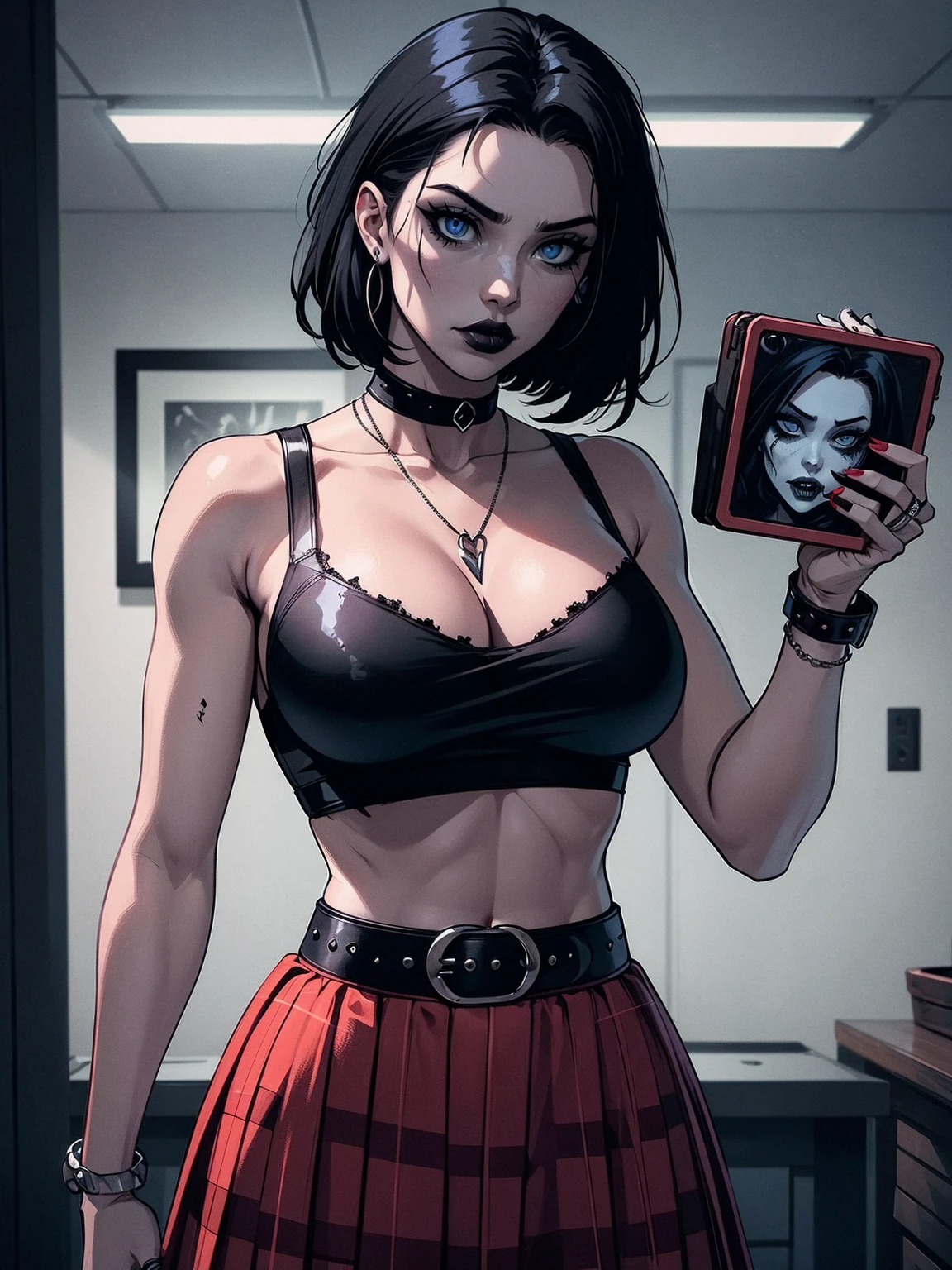 a woman with short black hair, hair on shoulders,  wearing a black cropped  and plaid skirt, blue eyes, zombie art, gothic art, cute aesthetic with vibe, toon aesthetic, wearing red costume, wearing gothic accessories, look like Cassie Hack, upper body, photo shot, horror background