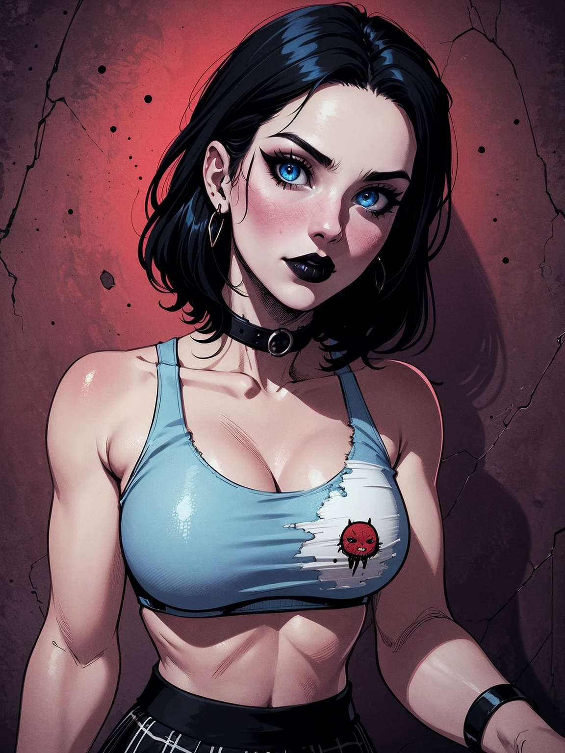 a woman with short black hair, hair on shoulders,  wearing a black cropped  and plaid skirt, blue eyes, zombie art, gothic art, cute aesthetic with vibe, toon aesthetic, wearing red costume, wearing gothic accessories, look like Cassie Hack, upper body, photo shot, horror background