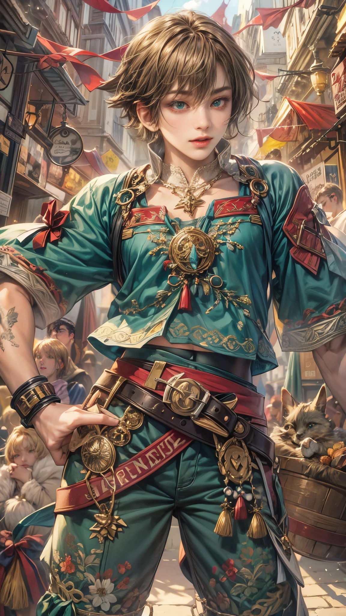 (absurdres, highres, ultra detailed, HDR), masterpiece, intricate details, best quality close-up picture of a character from Ragnarok Online, a character with handsome looks, korean face, original hair, short hair, anime dark teal eyes, silly face, matured teen, black Leprechaun theme outfit showing chest, crop top, detailed flowery town market background, festive scenery, detailed character, art kenouji