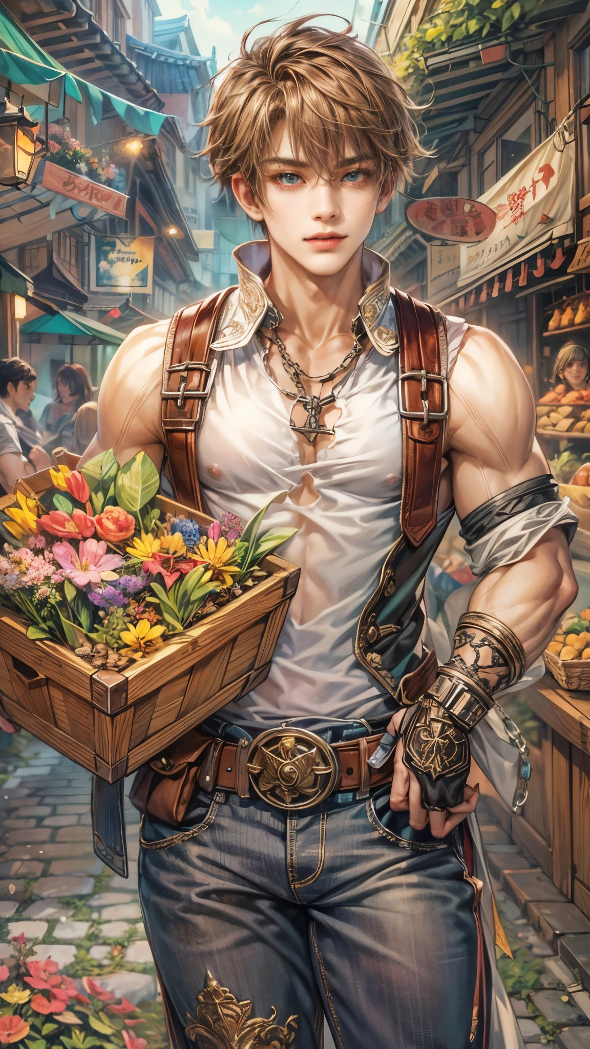 (absurdres, highres, ultra detailed, HDR), masterpiece, intricate details, best quality close-up picture of a character from Ragnarok Online, a character with handsome looks, korean face, original hair, short hair, anime dark teal eyes, silly face, matured teen, black Leprechaun theme outfit showing chest, crop top, detailed flowery town market background, festive scenery, detailed character, art kenouji