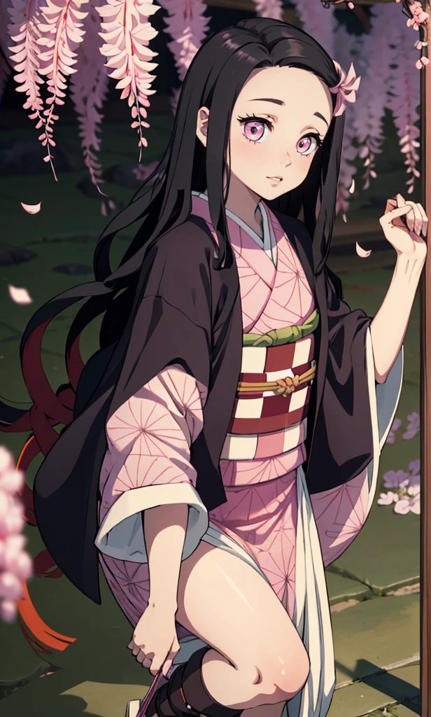 masterpiece, (pink kimono), seductive face, good lighting, low-cut, small details, masterpiece, glowing eyes, 1girl, black hair, on face, Nezuko Kamado, wisteria background, masterpiece, best quality, POV, different poses