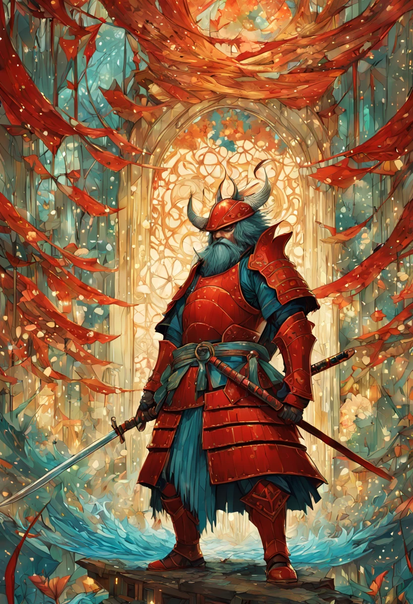 Fluffy Samurai in Red Armor, highly detailed, intricate motifs, organic tracery, perfect composition, digital painting, artstation, concept art, smooth, sharp focus, illustration, Carne Griffiths, pixar, Victo ngai, Jean Baptiste Monge, shiny aura Photograph Taken on Nikon D750, Intricate, Elegant, Digital illustration