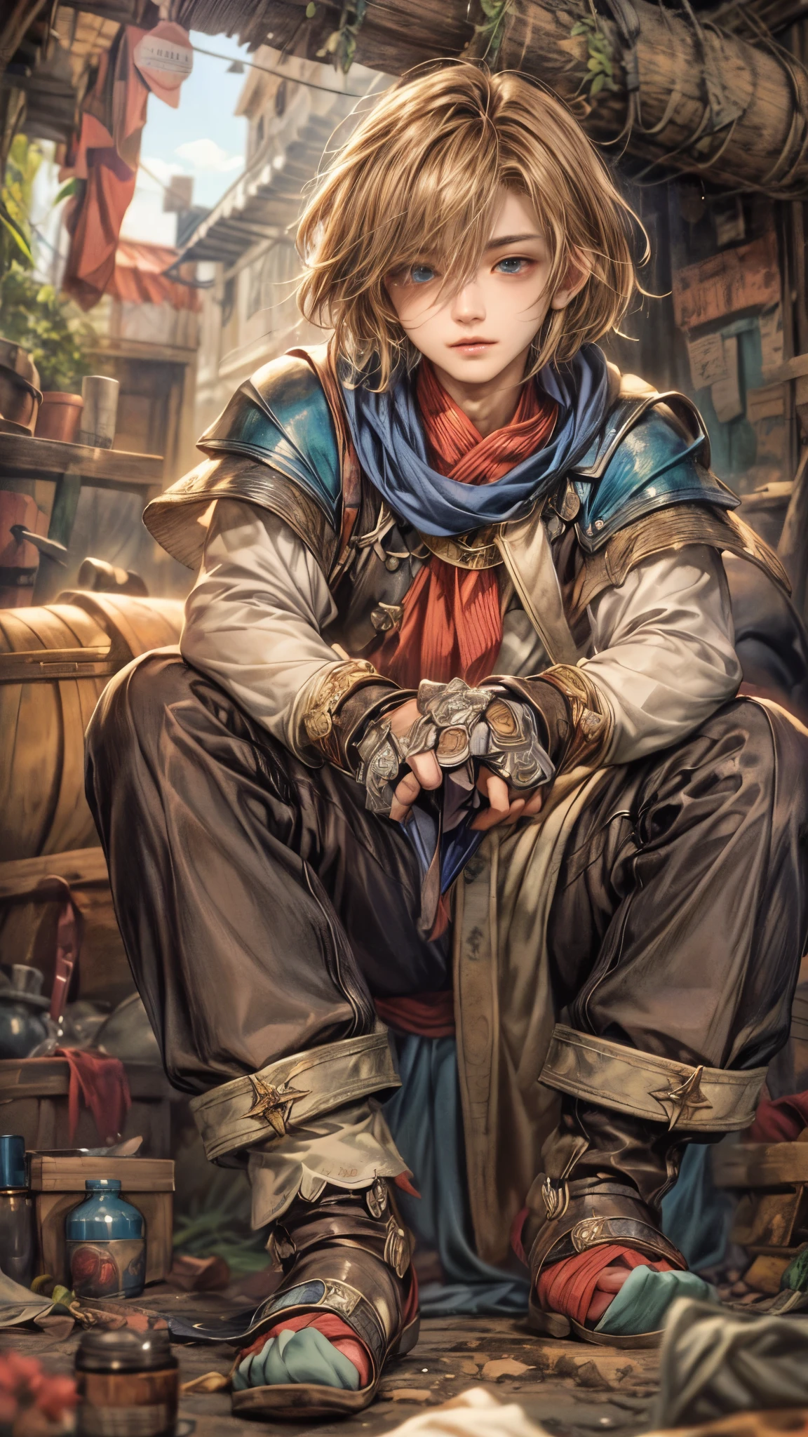 (absurdres, highres, ultra detailed, HDR), masterpiece, intricate, best quality, portrait of a handsome hero from Final Fantasy IX, short hair, korean face, anime eyes, knights outfit detailed interiors slums, detailed character