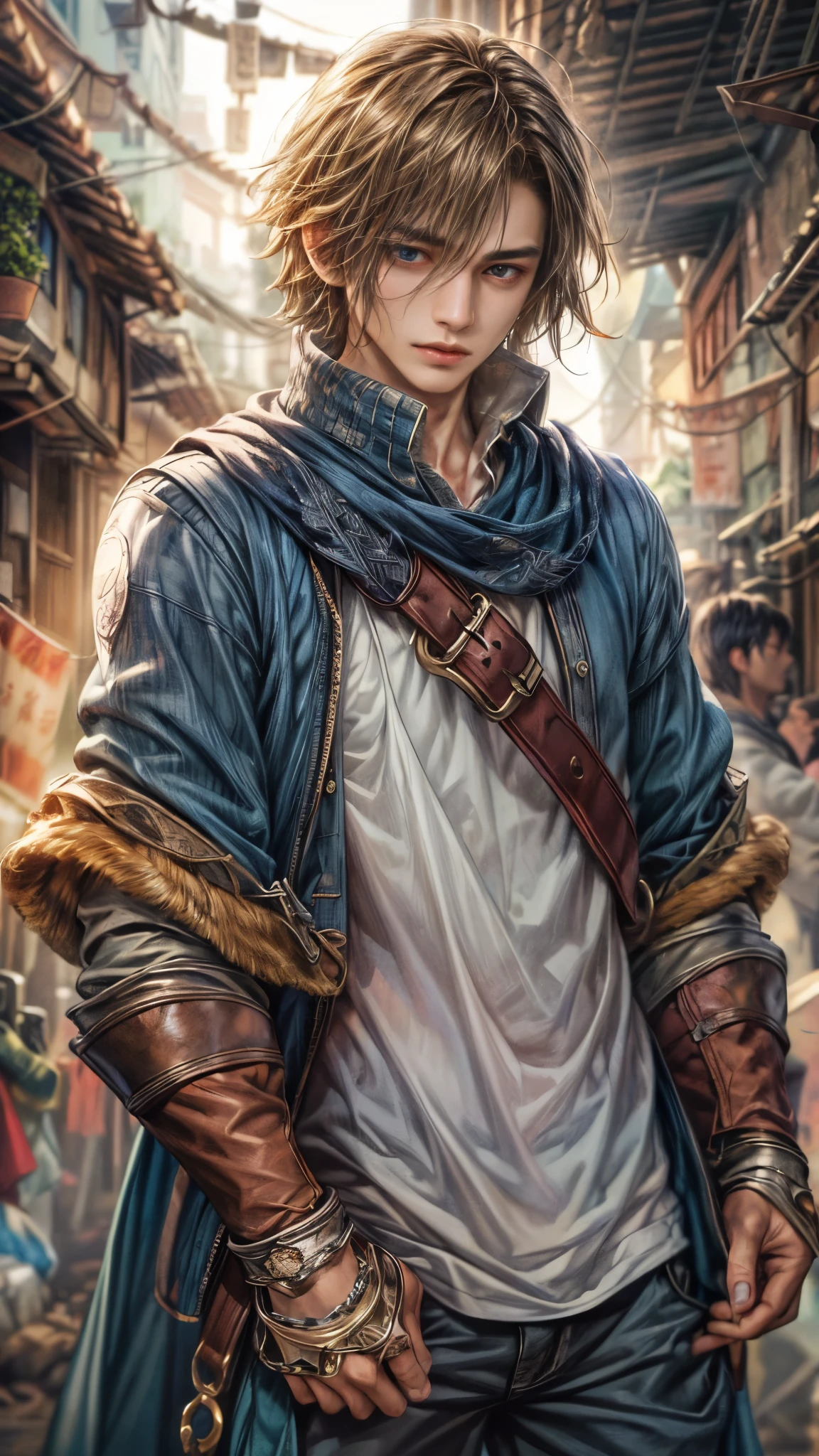 (absurdres, highres, ultra detailed, HDR), masterpiece, intricate, best quality, portrait of a handsome hero from Final Fantasy IX, short hair, korean face, anime eyes, knights outfit detailed interiors slums, detailed character