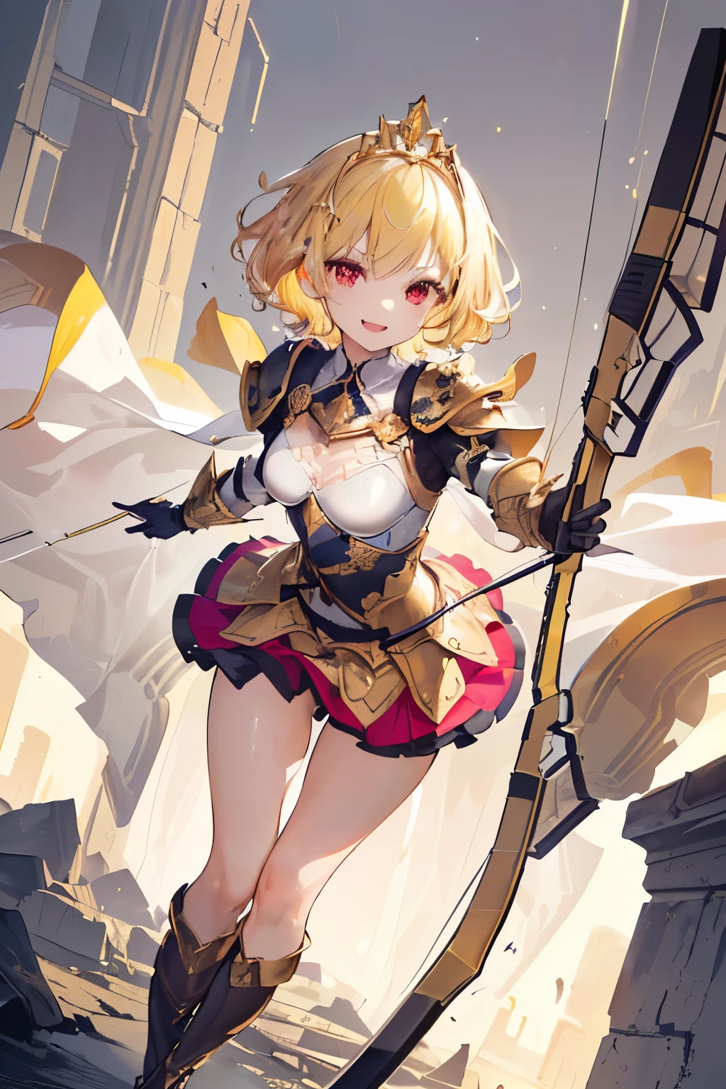 (((((1girl))))), ((best quality)), ((masterpiece)), ((ultra-detailed)), (illustration), (detailed light), (an extremely delicate and beautiful), (beautiful detailed eyes), (sunlight), ((extremely light)), ((extremely clothes)), (((hyper detail))),(((((front lighting))))),(((((front light))))),
((((quite adorable Metal Armor with a brief skirt and robe and tiara)))),
(((Crossbowman))),
(((wavy short hair))), ((((yellow gold hair)))), (((short hair))),
(((deep red eyes))),
((((whole body)))), aged 5 to 8, ((((very adorable young girl)))), ((condescending expression)), ((mischievous smile with sexual satisfaction)), (((extra adorable))), (((((extra slender shape))))), (((((extremely beautiful detailed face))))),
(((dynamically attacking enemies with a Crossbow))), (((with a Crossbow))),
(((elegant magic boots))), (Dutch angle), (((elegant magic gloves))), ((transparent magical underskirt)), (a little bit exposed adorable magical panties)