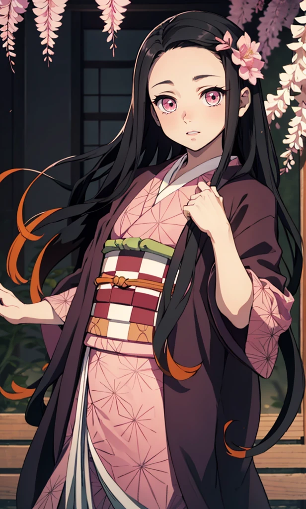 masterpiece, (pink kimono), seductive face, good lighting, low-cut, small details, masterpiece, glowing eyes, 1girl, black hair, on face, Nezuko Kamado, wisteria background, masterpiece, best quality, POV, different poses