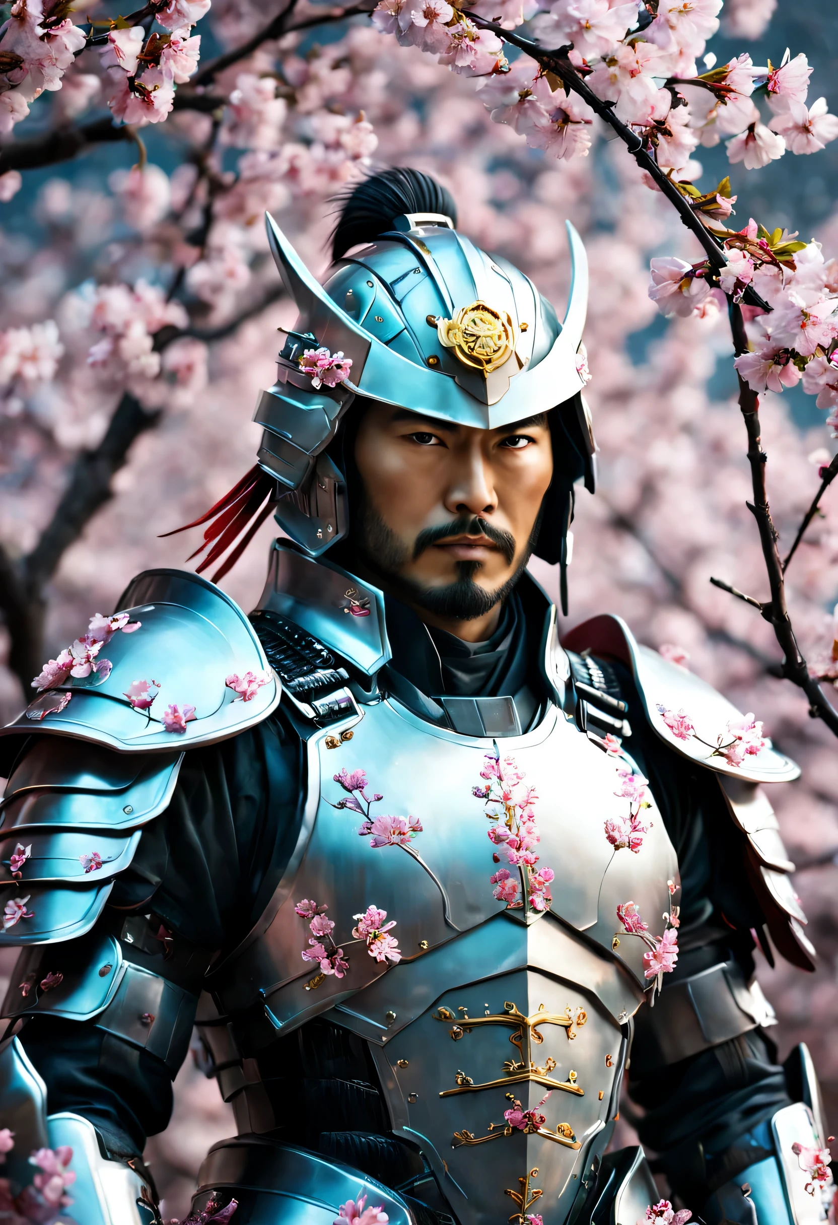 In a futuristic world, a luminous and fruits samurai stands among blooming bioluminescent cherry blossoms, his armor reflecting and amplifying their ethereal glow.