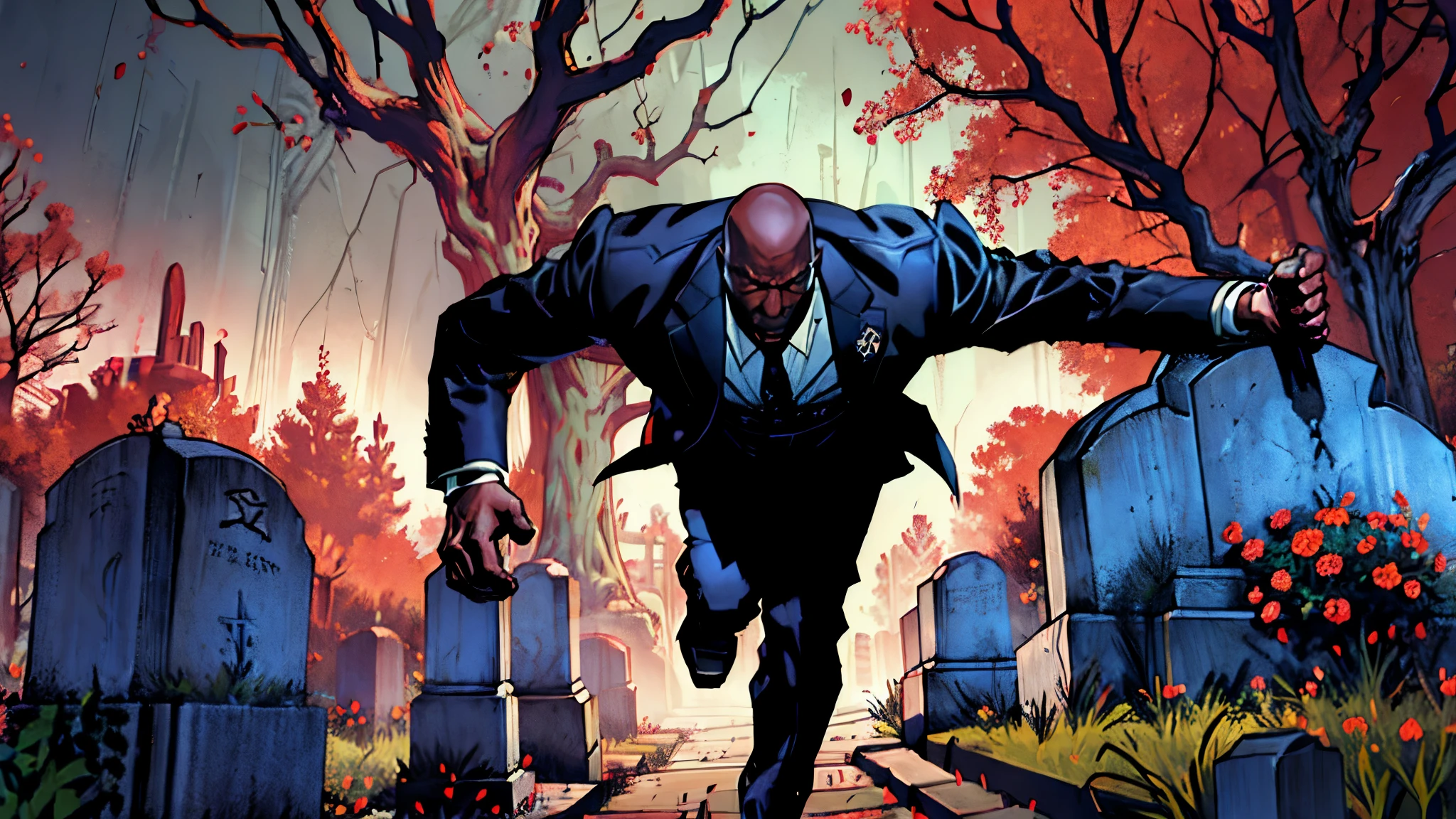 Cemetery security guard running scared and panicked through a gloomy cemetery full of macabre trees and ancient tombs on a dense, heavy night