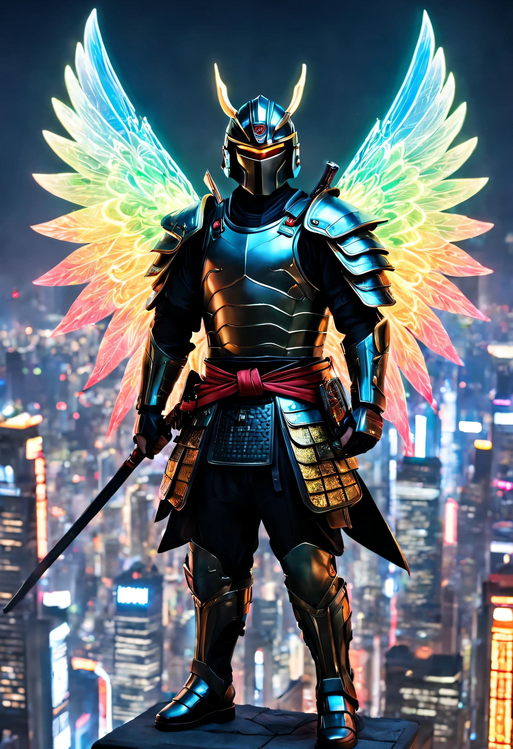 Create an image of a samurai, clad in armor, standing atop a skyscraper overlooking a neon-lit metropolis. His armor transforms into intricately designed, luminous wings, enabling him to soar among the futuristic buildings, leaving a trail of light behind. The scene is rendered in exquisitely detailed, realistic style, accentuating the intricacies of the armor and the intensity of the scene. The city's vibrant colors and dynamic energy contrast beautifully with the serene, symmetrical design of the samurai and his wings.