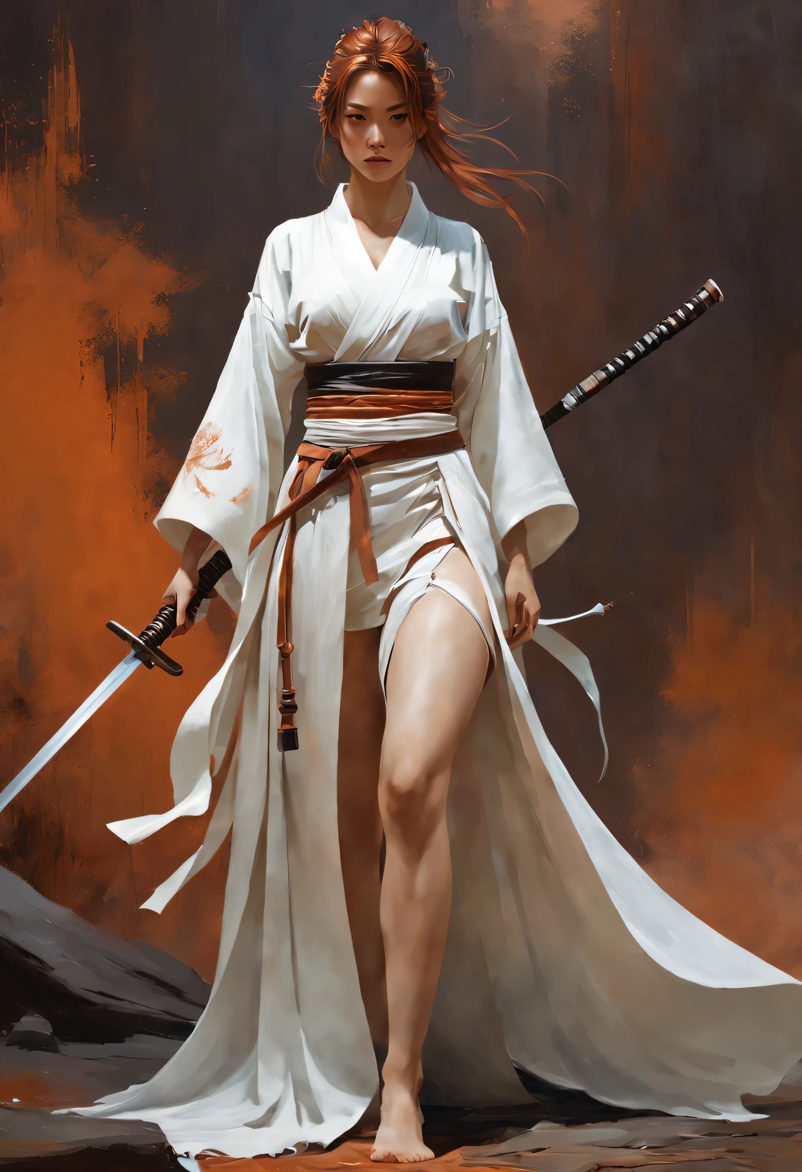 samurai style clothing.Picture of woman in white holding sword, beautiful figure painting,concept art, art station, fantasy art, beautiful figure painting, guweiz, rusty digital painting, rusty sakimi chan, flowing white robe, rusty 1. 0