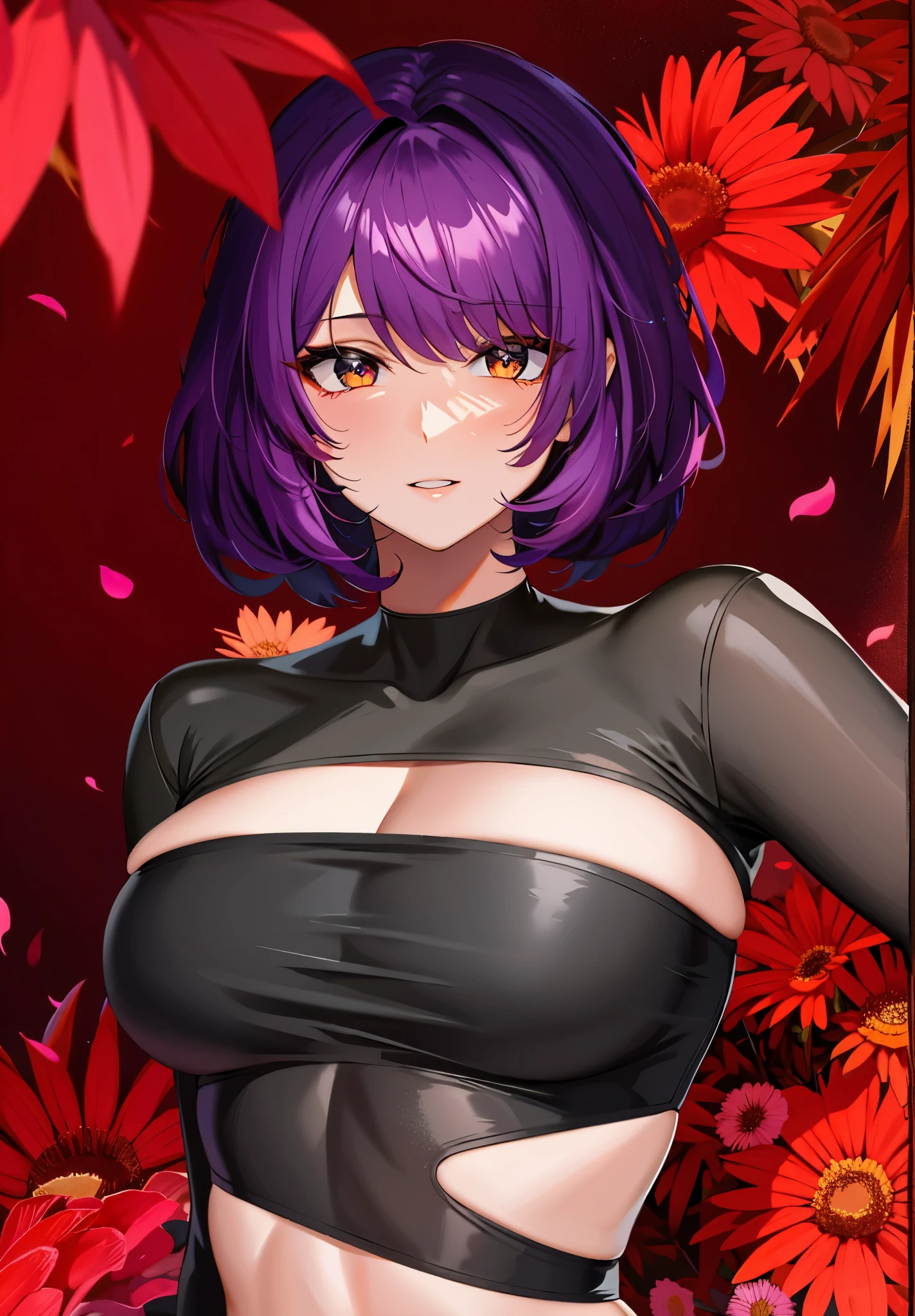 black top, Beautiful girl, purple hair, orange eyes, flowers on the background