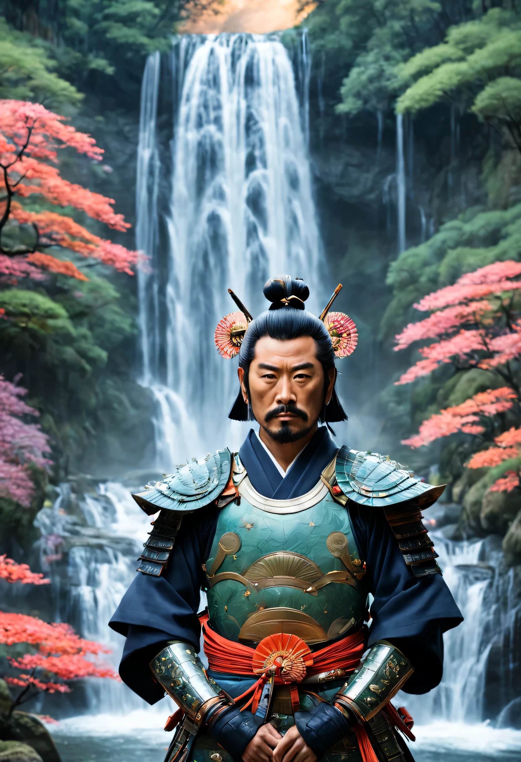 A bemused samurai with vibrant facial expressions and unusually adorned armor, embodying a harmonious blend of traditional Japanese culture and futuristic elements, amidst a serene luminous waterfall under an ethereal twilight sky, reflecting his symmetrical surroundings, while floating mystical bioluminescent lotuses flourish around him.