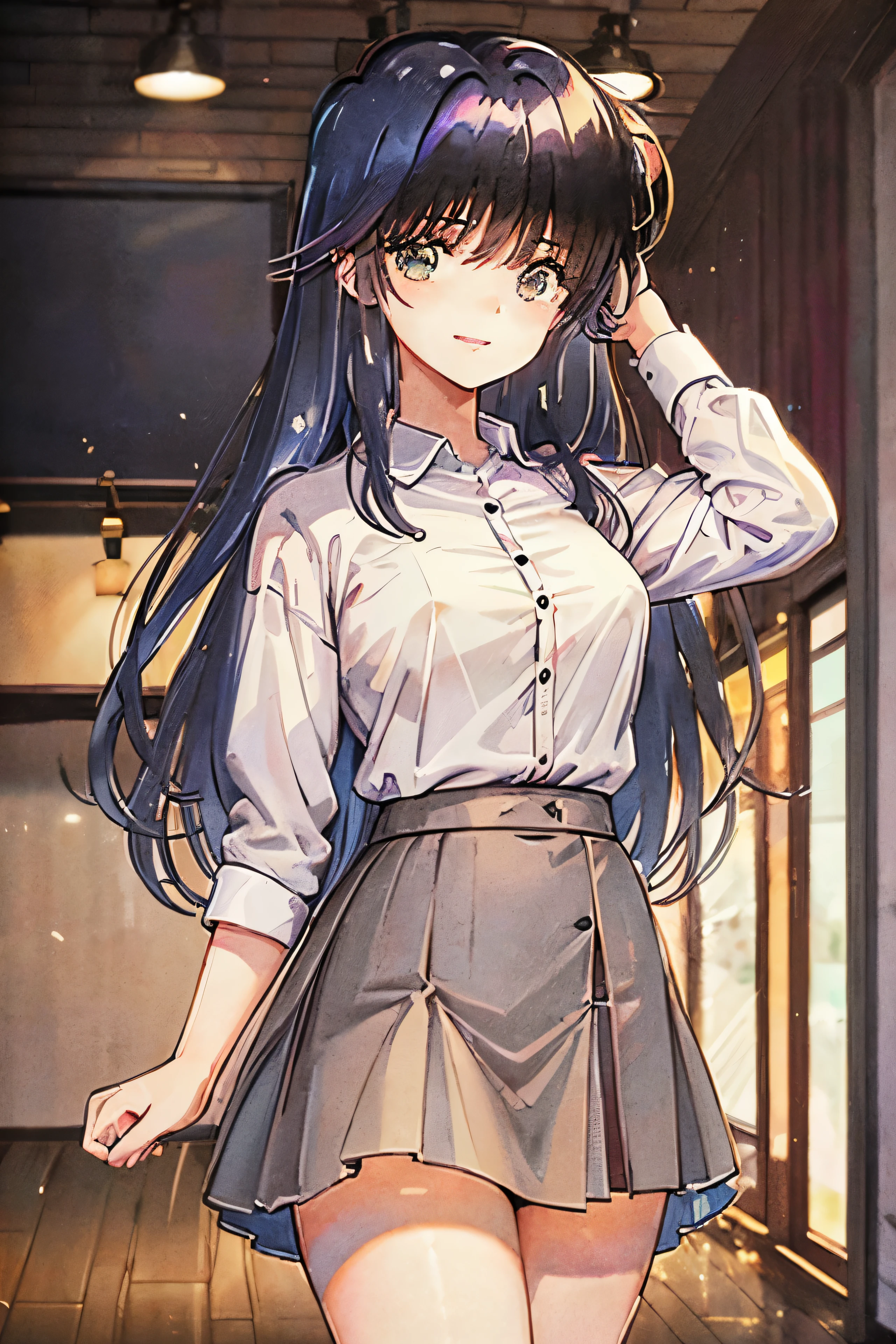 ((masterpiece, highest quality)), (1 girl), (alone), (female focus), (Ahoge, gray hair, very long hair), golden eyes, clear smile, open your mouth, ((white shirt), (shirt with buttons), (gap button)), ((black skirt), (short skirt)), Are standing, white background, turn your arms behind your back, dynamic angle