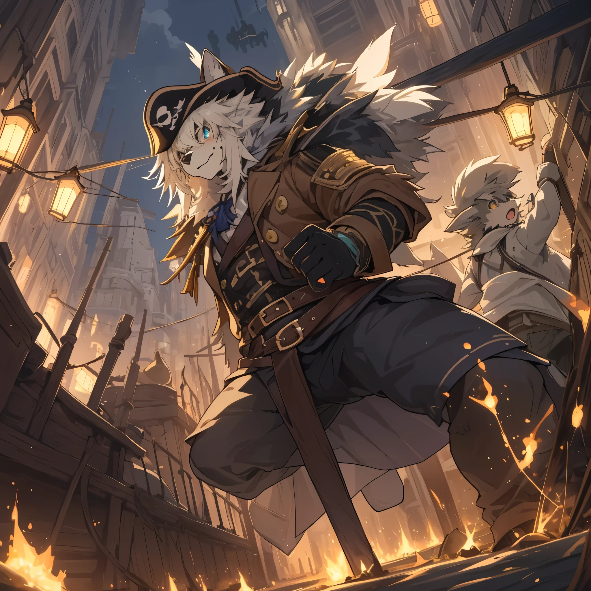 top quality, best quality, High-quality illustrations, masterpiece, super high resolution, detailed background, Hospitals with power outages, Spooky creatures, Pirate Ship, a pirate, 6+boys, 6+girls, absurdres(highly detailed beautiful face and eyes)perfect anatomy, expression, good lighting, cinematic shadow(kemono, furry anthro),