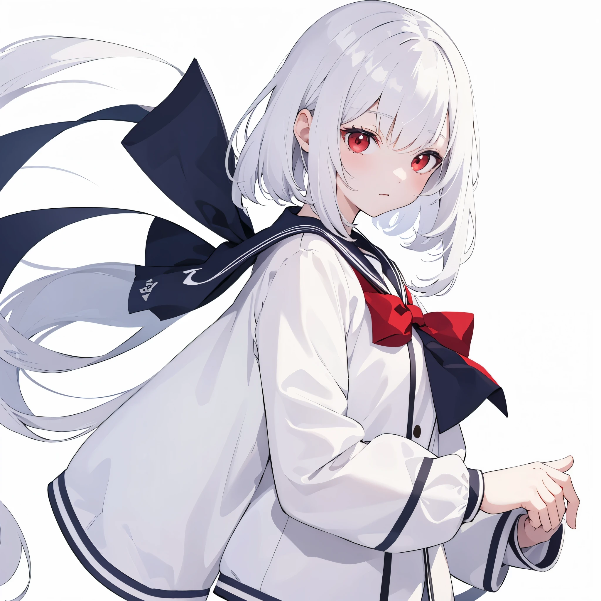 a female high school student，，Sailor suit，white hair，red eyes，personal，portrait photo，pure white background