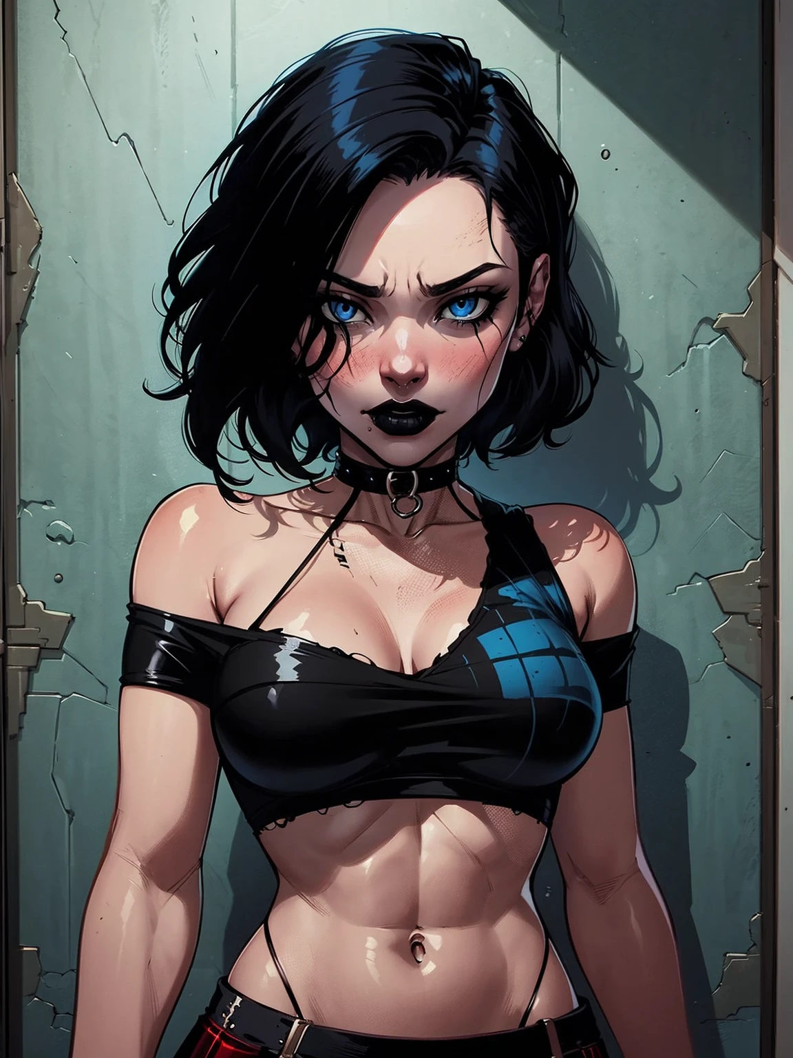 a woman with short black hair, hair on shoulders,  wearing a black cropped  and plaid skirt, blue eyes, zombie art, gothic art, cute aesthetic with vibe, toon aesthetic, wearing red costume, wearing gothic accessories, look like Cassie Hack, upper body, portrait, dark background