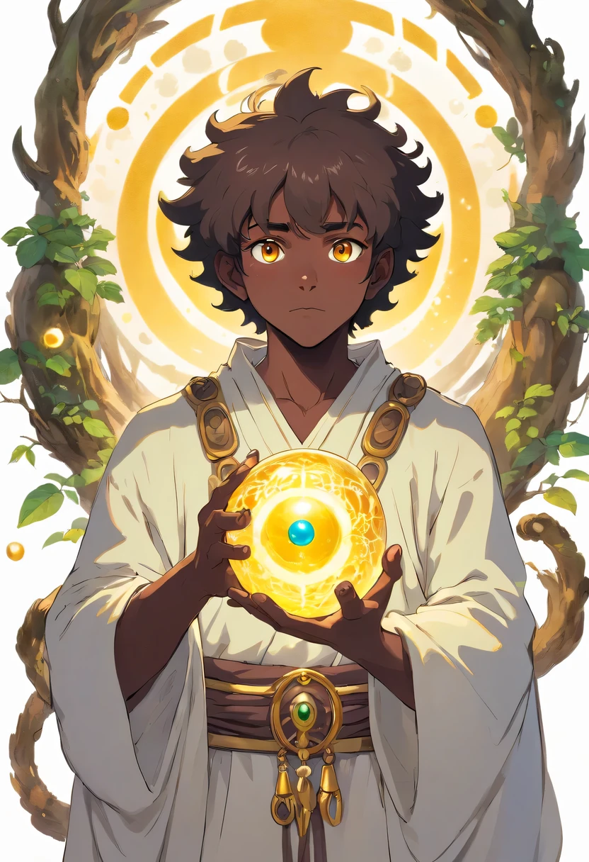 druid [man], black skin, gold eyes, an orb, white background