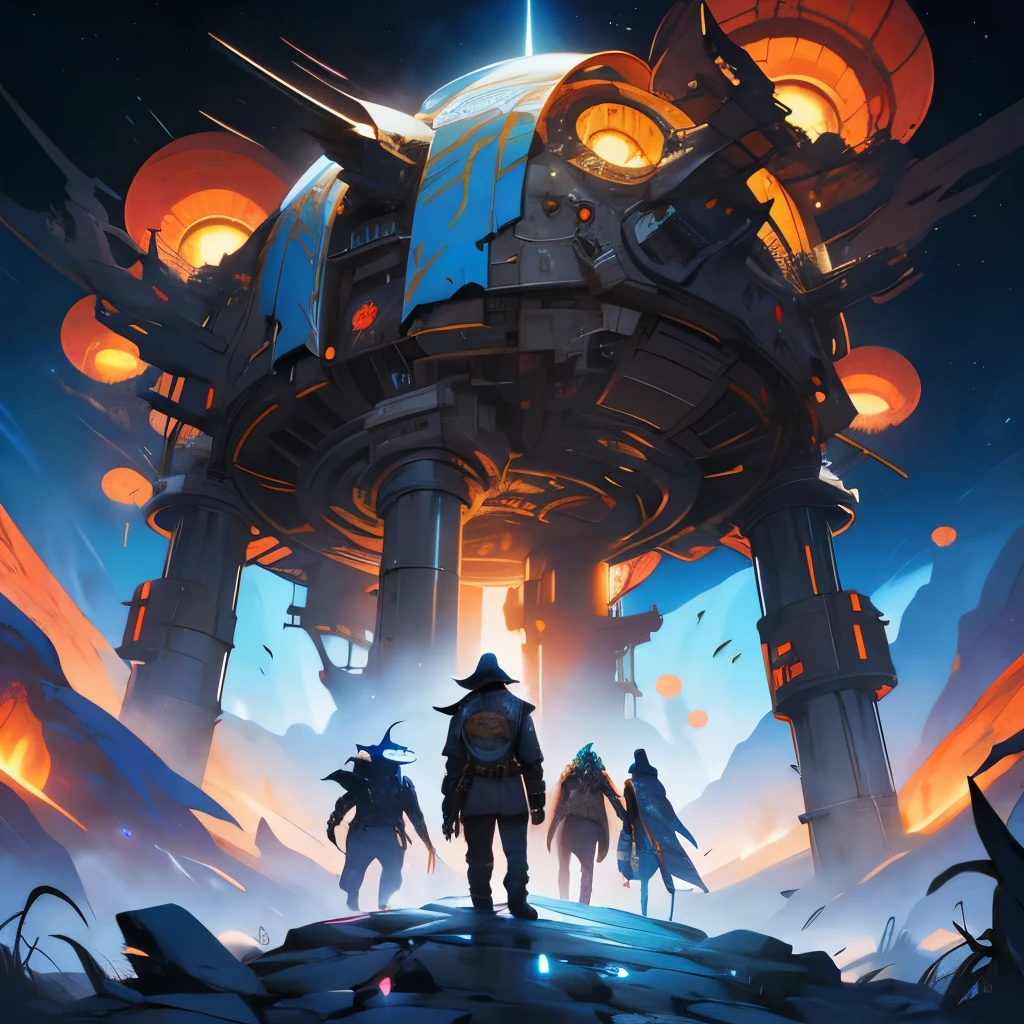 A wallpaper written "Numenera: The Knife's Edge:" with four science fiction characters, 3 men and a woman, seen in the distance and from the back on an unknown planet looking at a dark, starry sky with many fluorescent colors, arafed image of a group of people standing on a rock in front of a planet, numenera, official poster artwork, official artwork, detailed cover artwork, album art, promo art, key art, power metal album cover, promotional poster art, promotional art, official fanart, album cover concept art, official concept art, official poster, album artwork