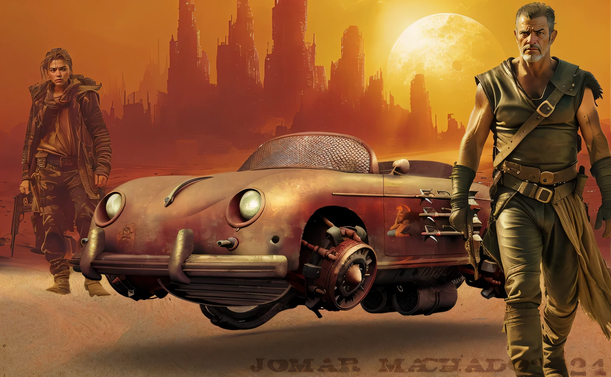 A grunge and deteriorated Hover Porsche 356 transformed into a battle car with missiles and machine gun with a man warrior Mel Gibson is on the right side and a woman warrior on the left in the background there is a huge city with many shosts buildings and a big sun shining
