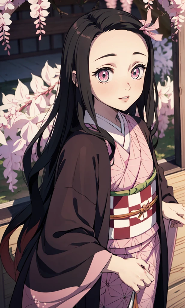 masterpiece, (pink kimono), seductive face, good lighting, low-cut, small details, masterpiece, glowing eyes, 1girl, black hair, on face, Nezuko Kamado, wisteria background, masterpiece, best quality, POV, different poses
