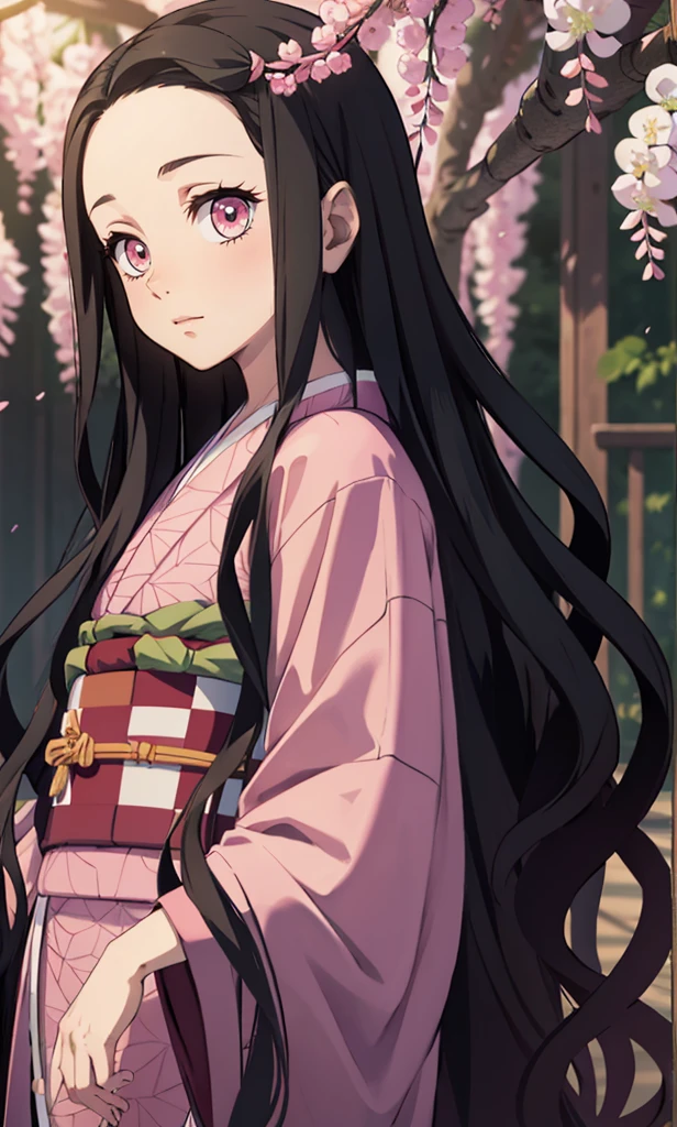masterpiece, (pink kimono), seductive face, good lighting, low-cut, small details, masterpiece, glowing eyes, 1girl, black hair, on face, Nezuko Kamado, wisteria background, masterpiece, best quality, POV, different poses
