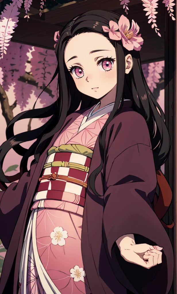 masterpiece, (pink kimono), seductive face, good lighting, low-cut, small details, masterpiece, glowing eyes, 1girl, black hair, on face, Nezuko Kamado, wisteria background, masterpiece, best quality, POV, different poses