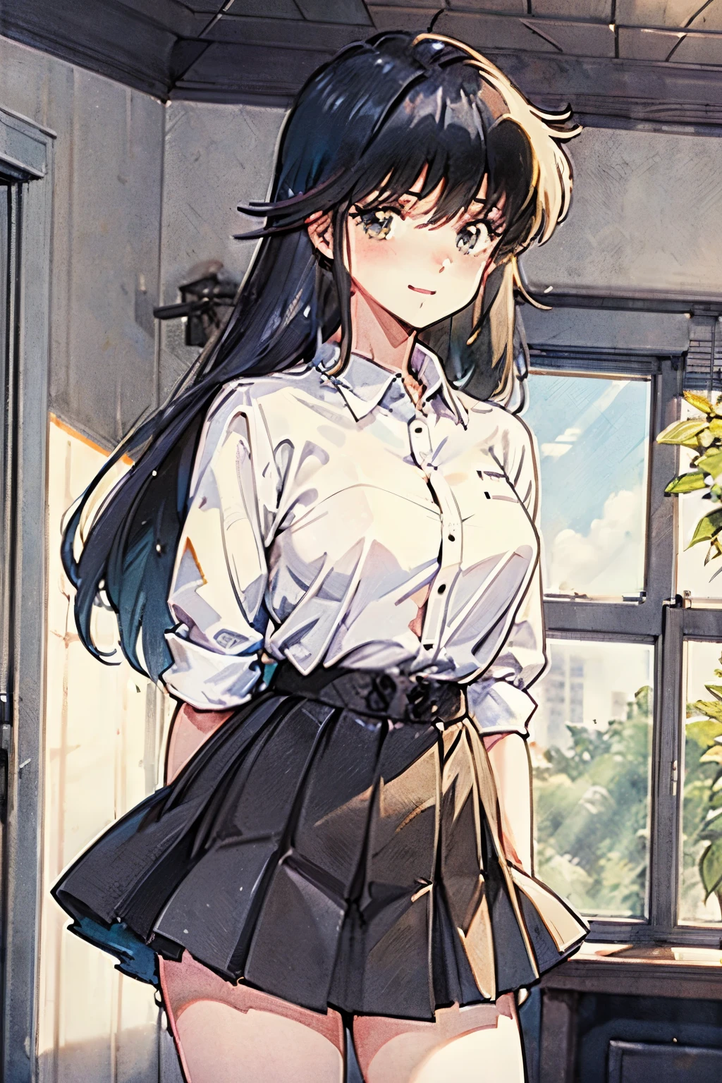 ((masterpiece, highest quality)), (1 girl), (alone), (female focus), (Ahoge, gray hair, very long hair), golden eyes, clear smile, open your mouth, ((white shirt), (shirt with buttons), (gap button)), ((black skirt), (short skirt)), Are standing, white background, turn your arms behind your back, dynamic angle