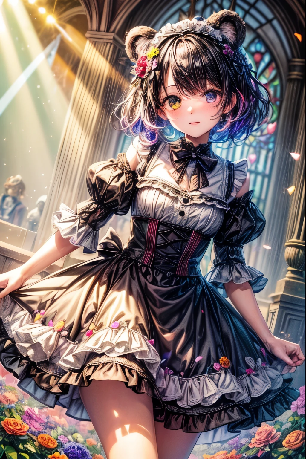 ((worst quality, low-quality)), ((Bear-eared chemomimi girl)), (Gothic lolita), ((Black-haired berry berry short)), (((Hair over one eye))), (((One eye is hidden by hair))), plump shiny lips, Beautiful purple eyes, Spoken Heart, Leaning forward, (((Have a big bunch of beautiful colorful flowers in one))), Confetti, (Stained glass window background), ((Shining sunlight)), (light Particle, light glow, llight rays:1.4), masutepiece,Best Quality,ultra-detailliert,