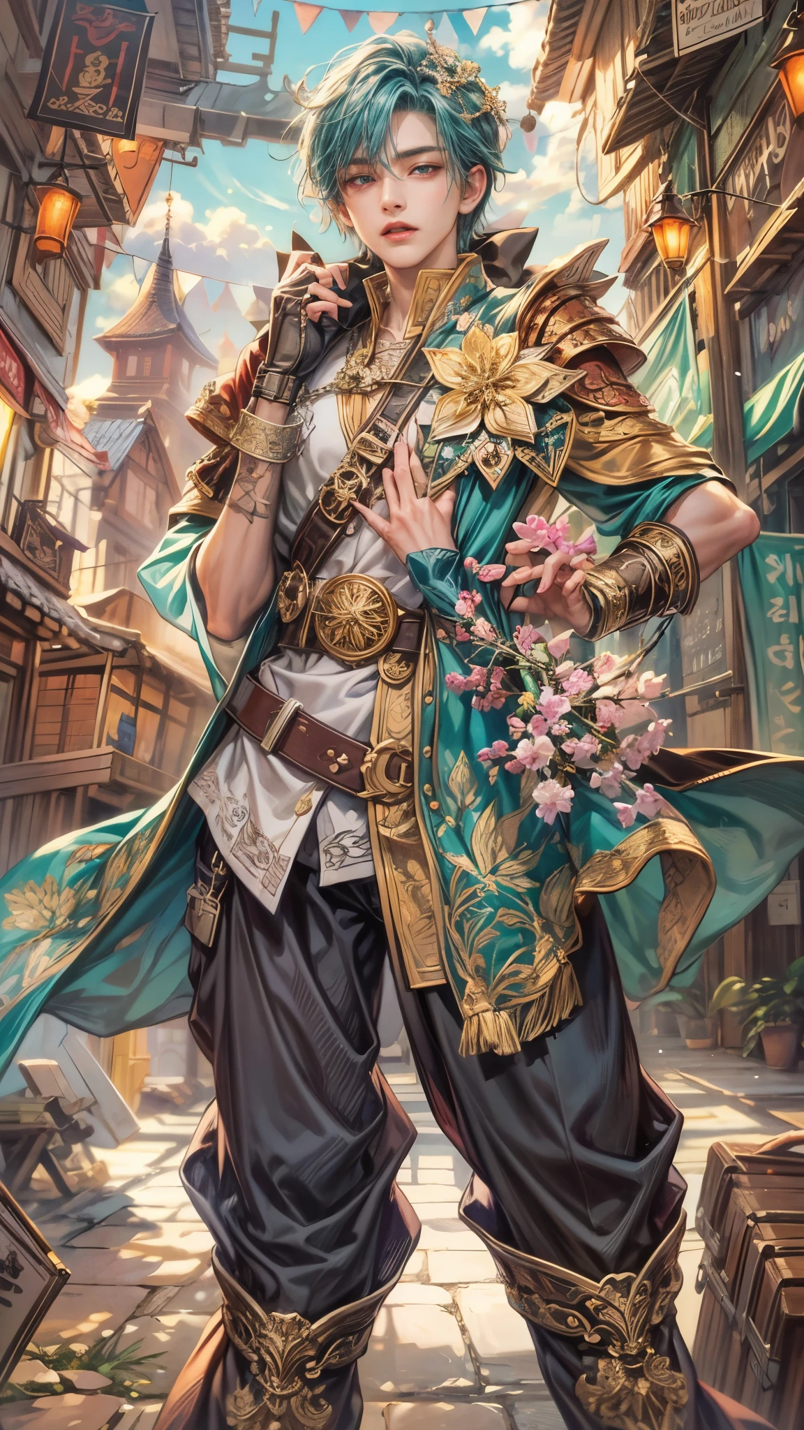 (absurdres, highres, ultra detailed, HDR), masterpiece, intricate details, best quality close-up picture of a character from Ragnarok Online, a character with handsome looks, korean face, original hair, short hair, anime dark teal eyes, silly face, matured teen, dark priest theme outfit showing chest, crop top, detailed flowery town market background, festive scenery, detailed character, art kenouji