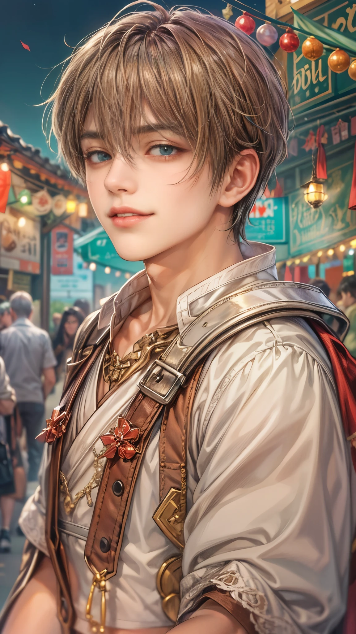 (absurdres, highres, ultra detailed, HDR), masterpiece, intricate details, best quality close-up picture of a character from Ragnarok Online, a character with handsome looks, korean face, original hair, short hair, anime dark teal eyes, silly face, matured , dark priest theme outfit showing chest, crop top, detailed flowery town market background, festive scenery, detailed character, art kenouji