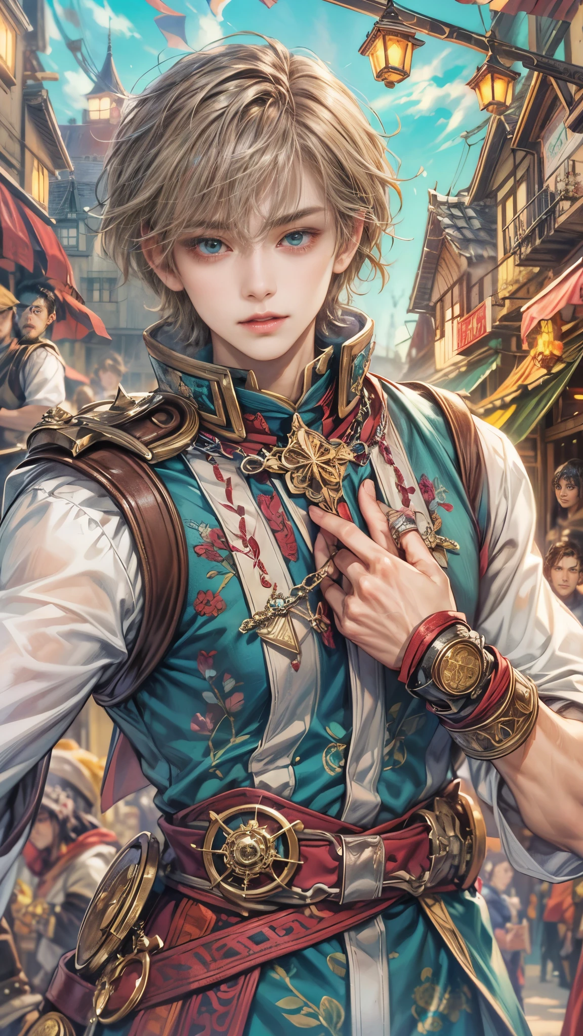 (absurdres, highres, ultra detailed, HDR), masterpiece, intricate details, best quality close-up picture of a character from Ragnarok Online, a character with handsome looks, korean face, original hair, short hair, anime dark teal eyes, silly face, matured teen, dark priest theme outfit showing chest, crop top, detailed flowery town market background, festive scenery, detailed character, art kenouji