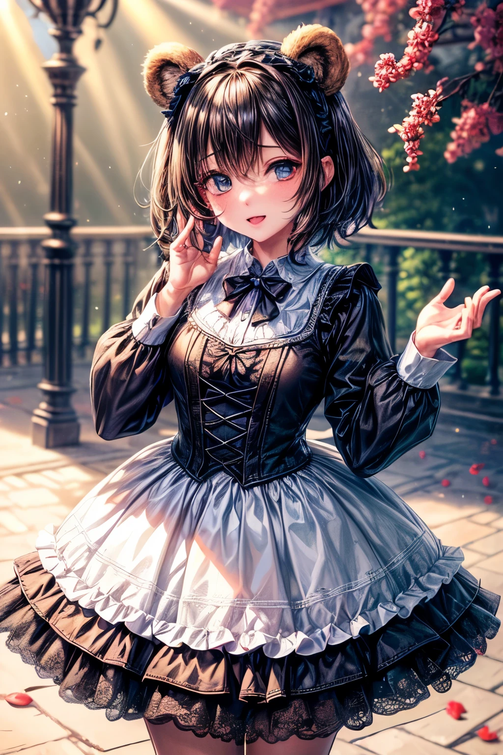 (32k), ((worst quality, low quality)), ((Bear-eared furry girl)), (Gothic ta), ((Black hair berry berry short)), (((hair above one eye))), (((One eye is hidden by hair))), plump and glossy lips, beautiful clear purple eyes, spoken word heart, Large slouched posture, (perfect hands), (amusement park background), ((shining sunlight)), (light particles, shine of light, light:1.4), muste piece,best quality,Super detailed,