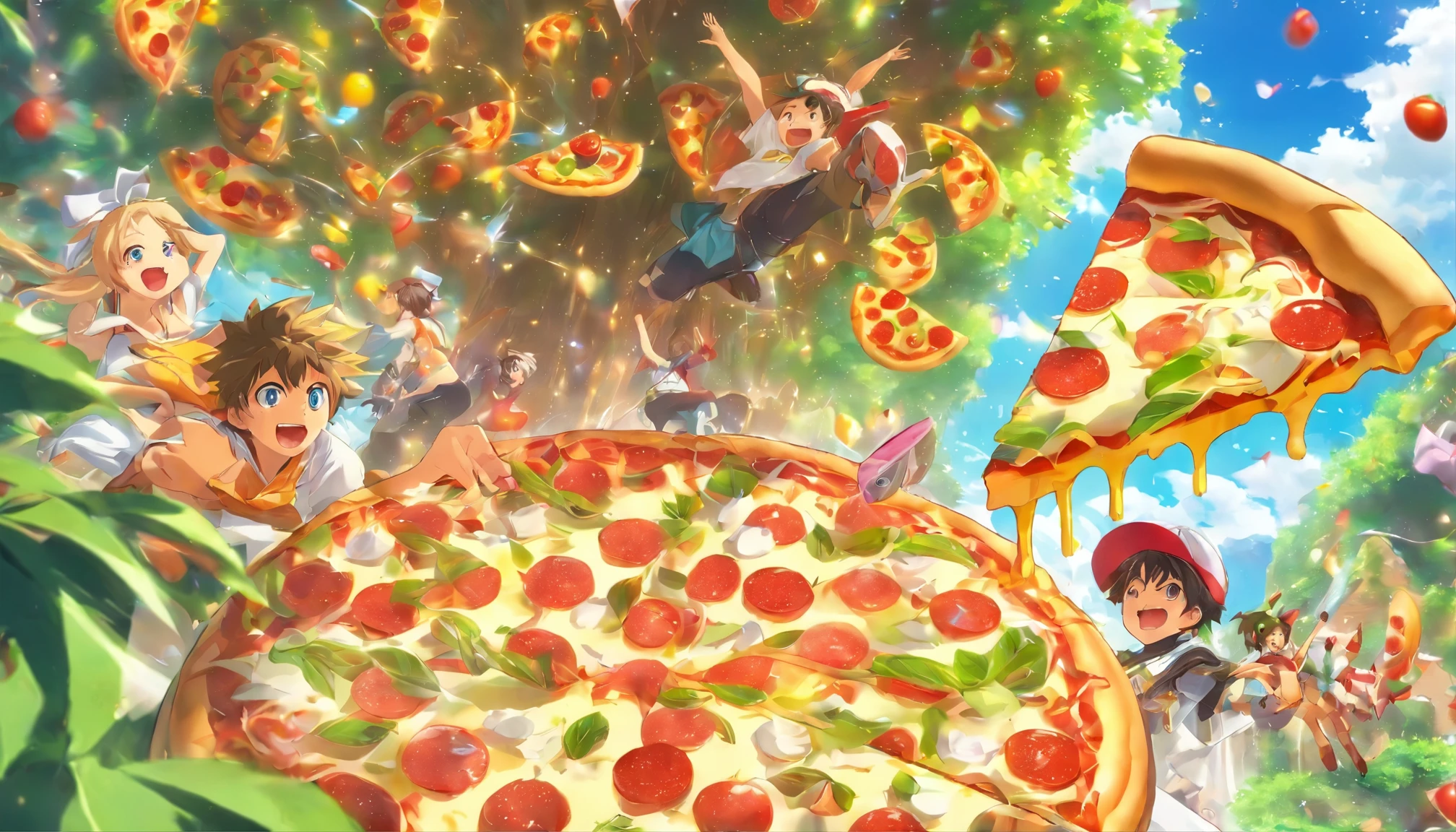 водопад из молока в джунглях где pizzas grow on trees, candies, cakes and pastries, pizzas grow on trees, candies, cakes and pastriessunny summer day