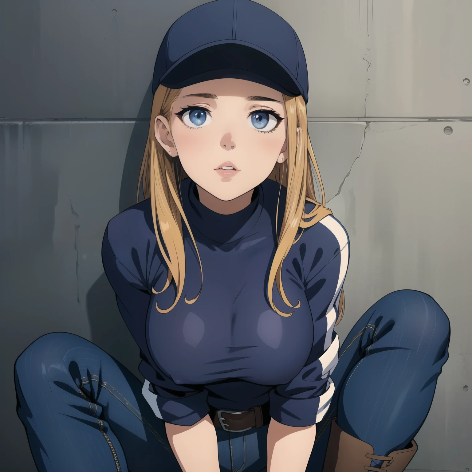 Beautiful woman, covered from head to toe in clothing, cap, t shirt, jacket, jeans, boots, gloves, mask, close up shot, expressive eyes, wall background, cornered
