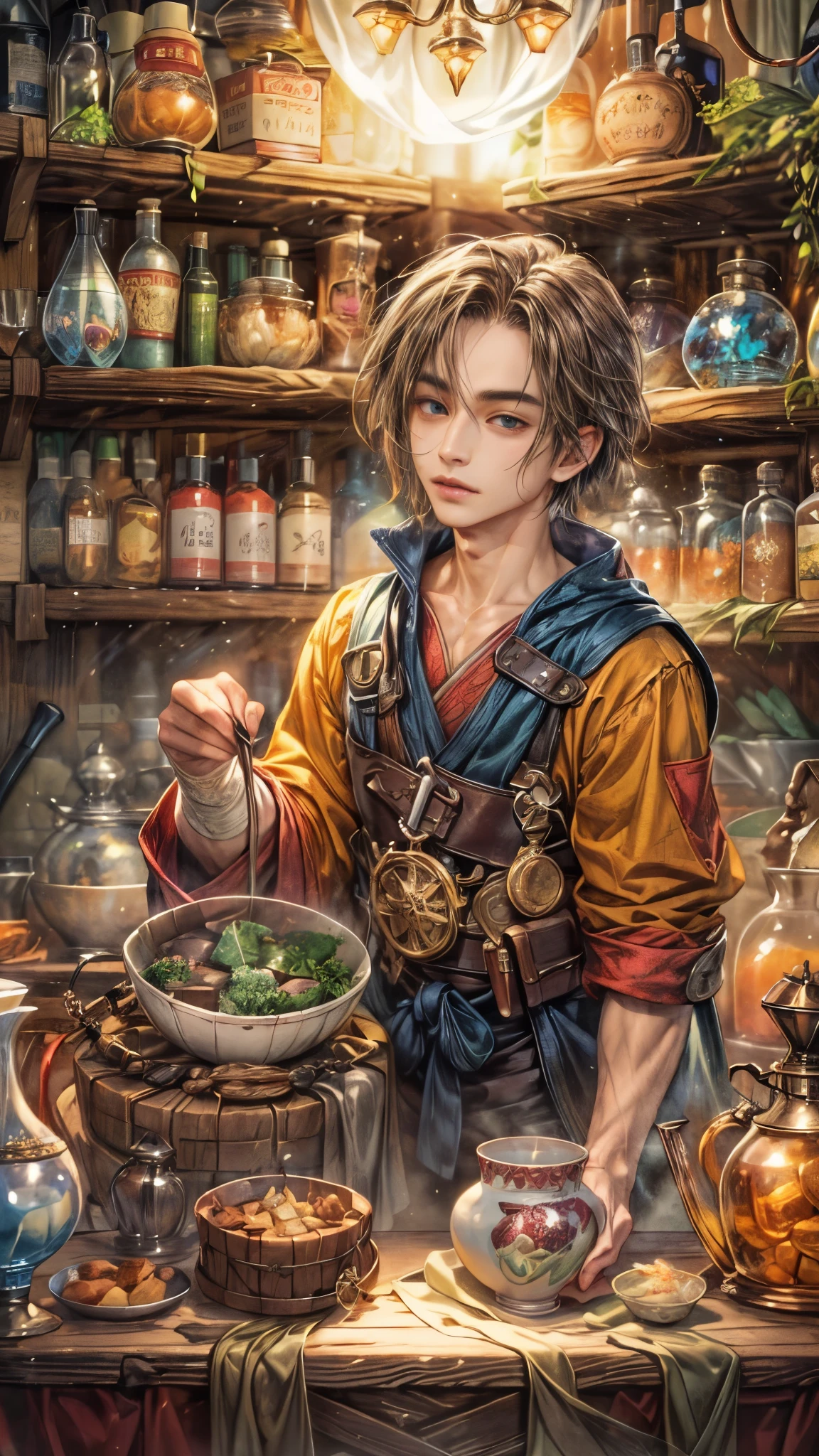 (absurdres, highres, ultra detailed, HDR), masterpiece, intricate, best quality, portrait of a handsome hero from Final Fantasy IX, short hair, korean face, anime eyes, merchant outfit detailed interiors of an items and potions shop, detailed character