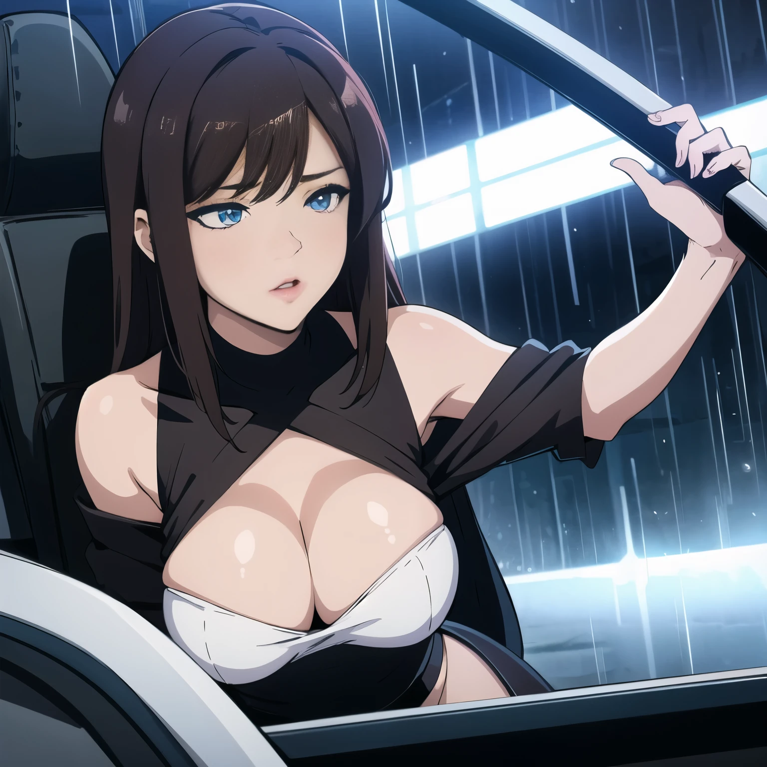 Sexy woman, seductive eyes, bending forward, through car window, cleavage, night time, raining