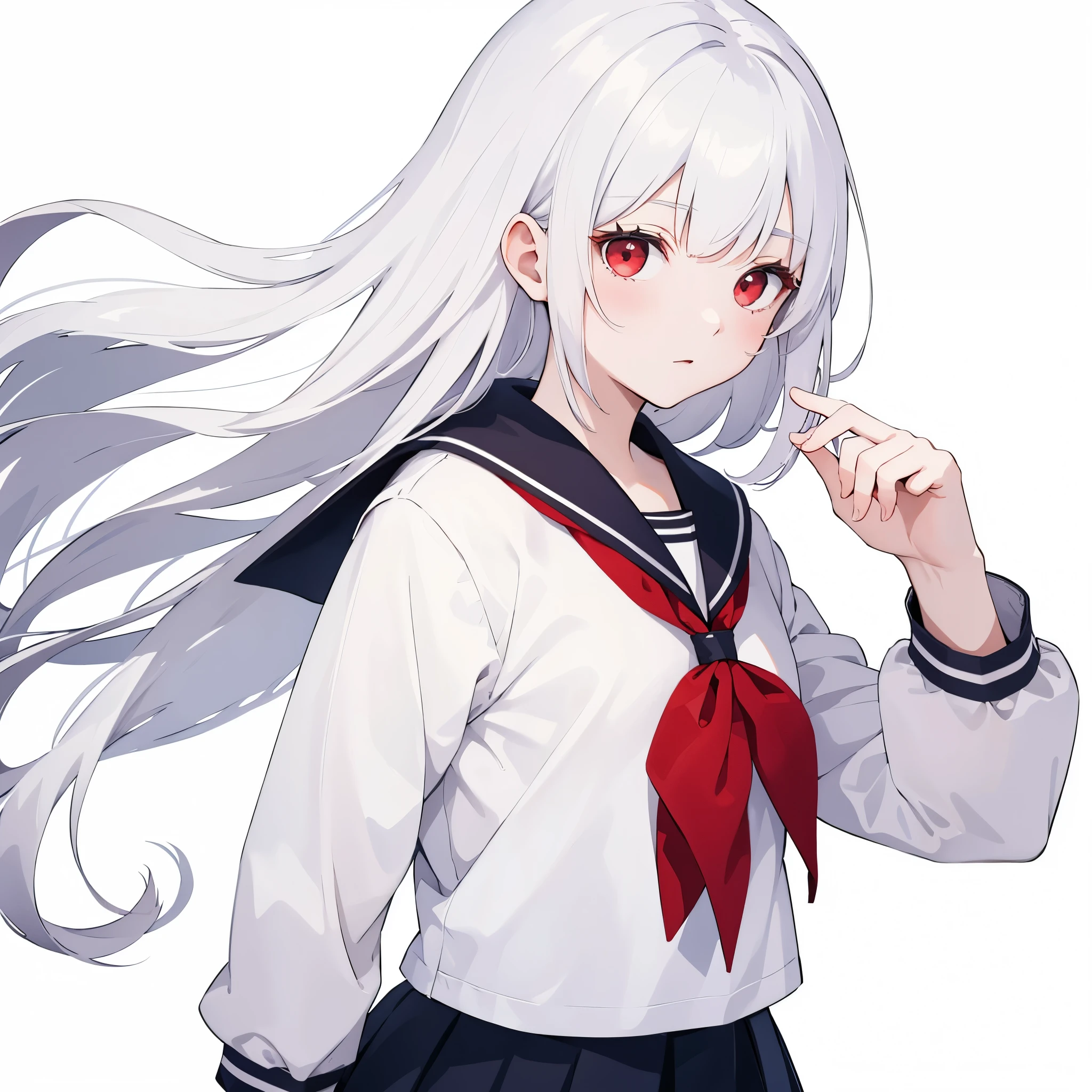 a female high school student，，Sailor suit，white hair，red eyes，personal，portrait photo，pure white background