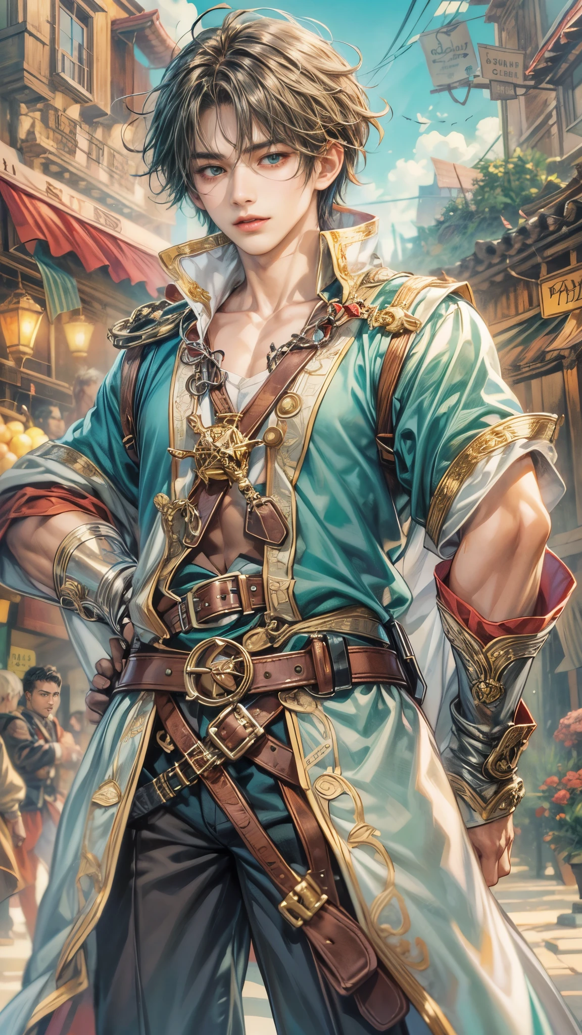 (absurdres, highres, ultra detailed, HDR), masterpiece, intricate details, best quality close-up picture of a character from Ragnarok Online, a character with handsome looks, korean face, original hair, short hair, anime dark teal eyes, silly face, matured , pirate theme outfit showing chest, crop top, detailed town market background, festive scenery, detailed character, art kenouji
