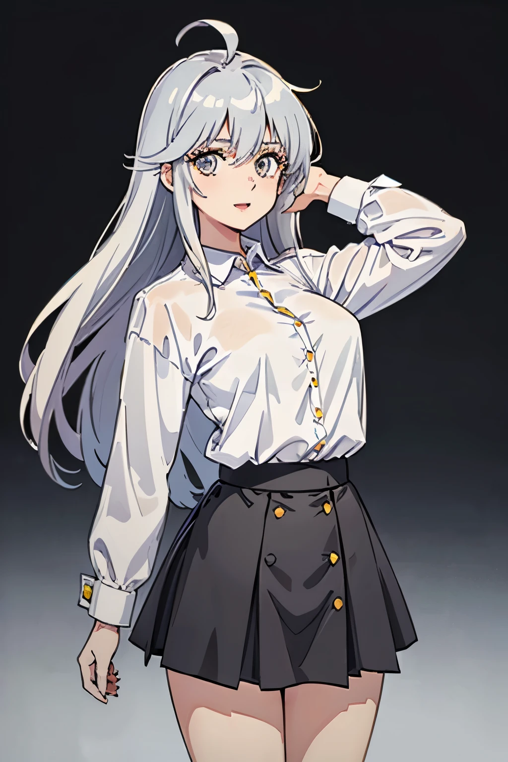 ((masterpiece, highest quality)), (1 girl), (alone), (female focus), (Ahoge, gray hair, very long hair), golden eyes, clear smile, open your mouth, ((white shirt), (shirt with buttons), (gap button)), ((black skirt), (short skirt)), Are standing, white background, turn your arms behind your back, dynamic angle