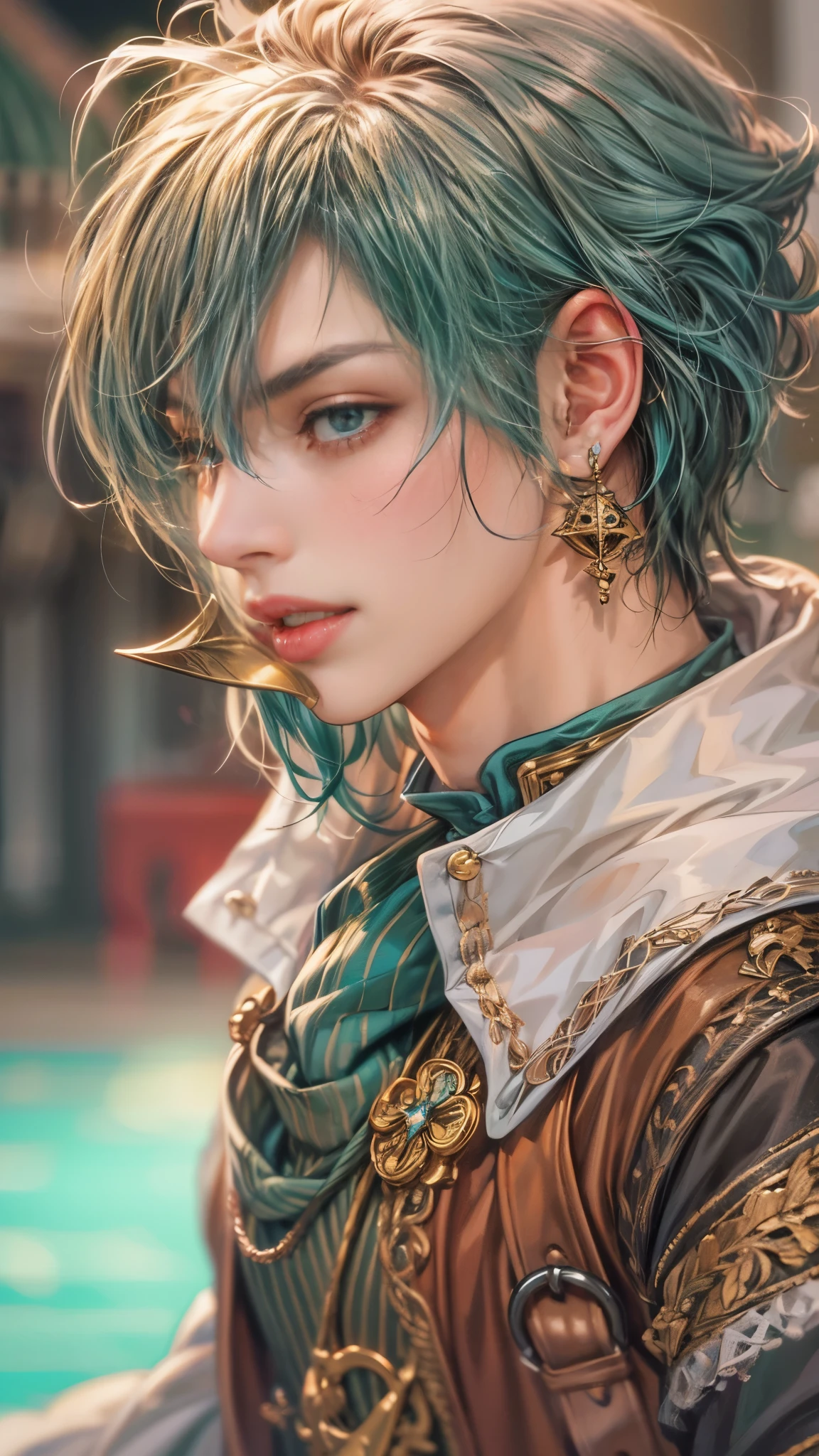 (absurdres, highres, ultra detailed, HDR), masterpiece, intricate details, best quality close-up picture of a character from Ragnarok Online, a character with handsome looks, korean face, original hair, short hair, anime dark teal eyes, silly face, matured teen, pirate theme outfit showing chest, crop top, detailed town market background, festive scenery, detailed character, art kenouji