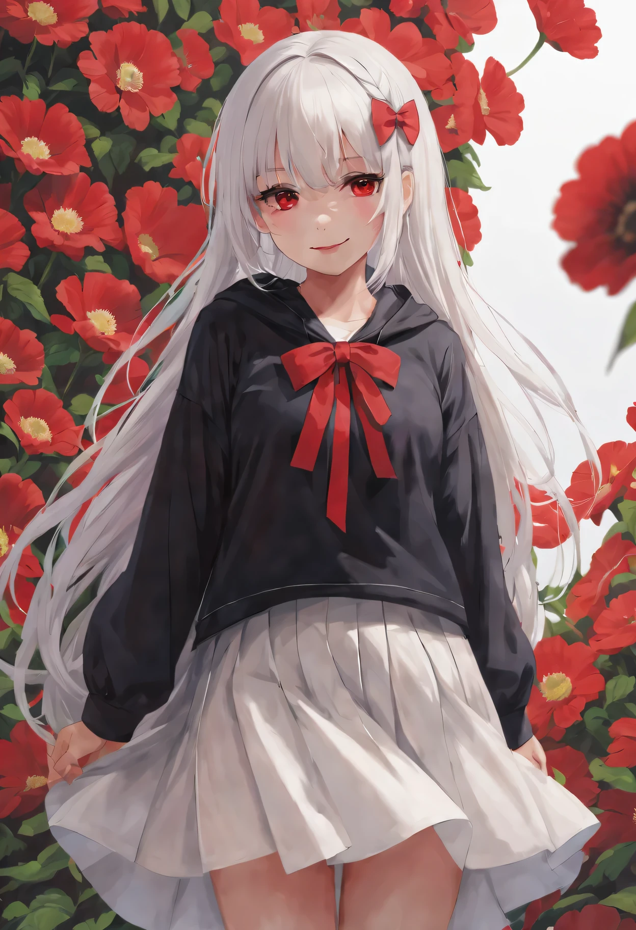 masterpiece, best quality, 1 girl, alone, long_hair, watch_exist_audience, white hair, red eyes, Smile, Bangs, skirt, shirt, long_sleeve, hexist, skirt, bow, Keep, closure_Mouth, flower, decorate, hair_flower, flower瓣, flower束, Keep_flower, center_decorate, hood, Keep_flower束, vertical painting, whole body, White background,